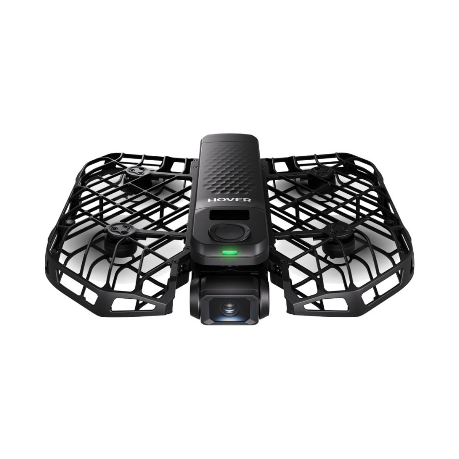Drone nero con gabbie protettive attorno alle eliche. Una fotocamera è davanti. La parola 'HOVER' è in alto. Luce verde accesa.