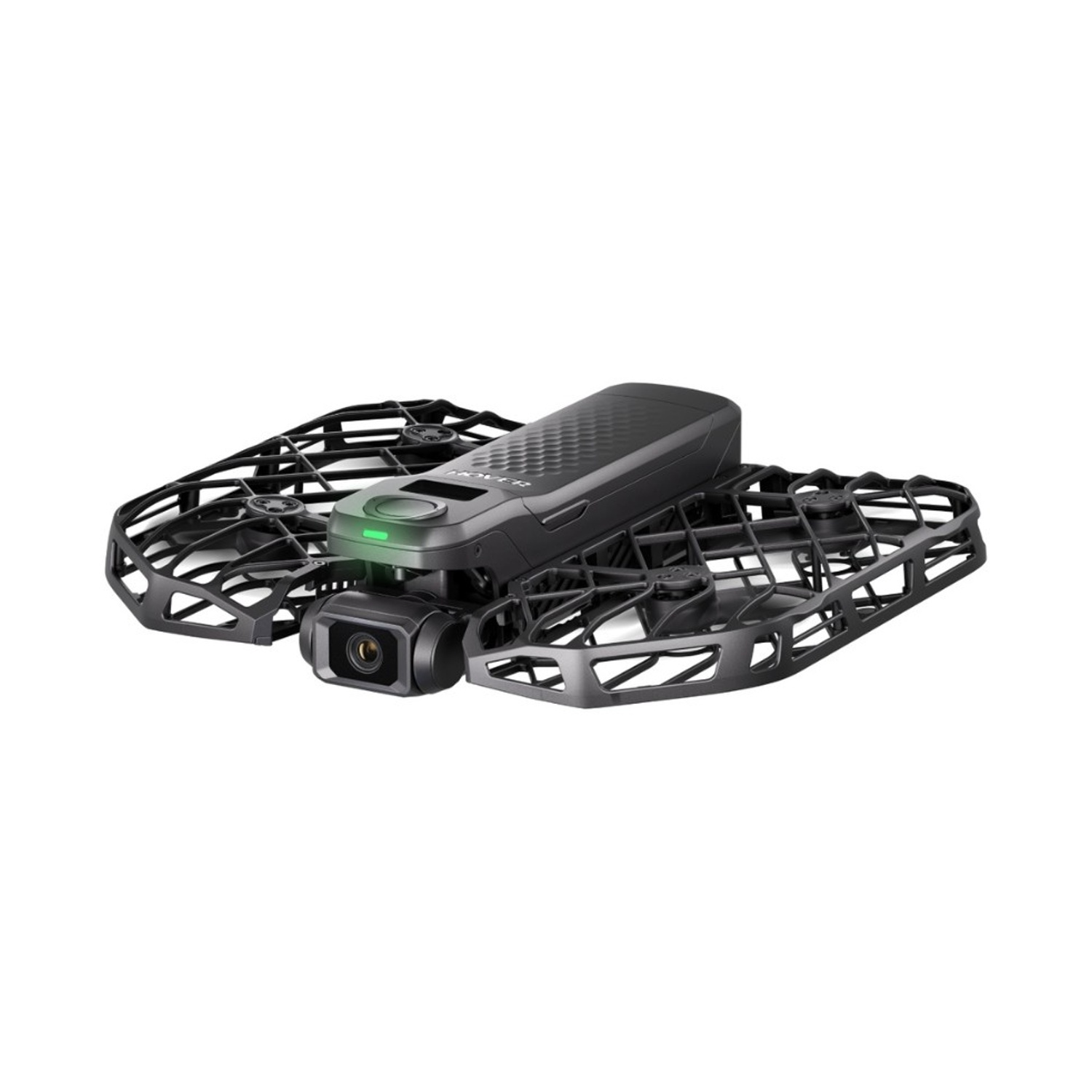 Un drone nero con fotocamera è mostrato su sfondo bianco. Ha gabbie protettive attorno alle eliche.