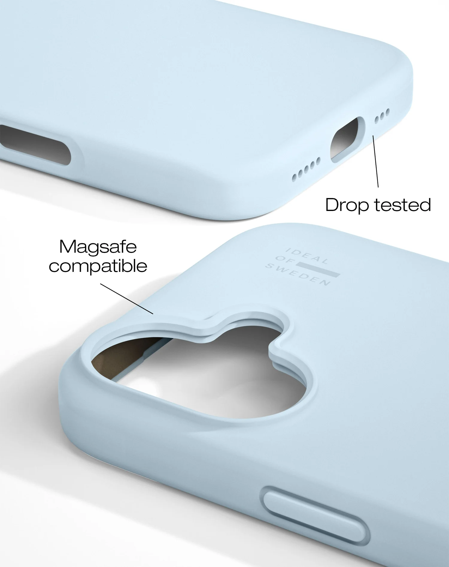 Világoskék telefontok. A kamera, a gombok és a töltőport kivágásai láthatók. Szöveg: Magsafe kompatibilis és csepptesztelt.