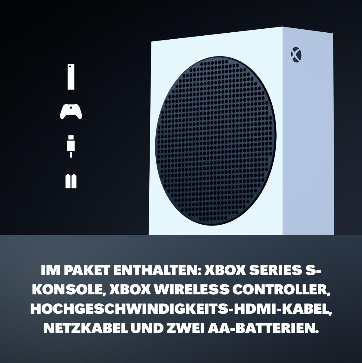 Xbox Series S Konsole, Controller, HDMI-Kabel, Netzkabel und AA-Batterien auf einem Schwarz-Weiß-Farbverlauf.