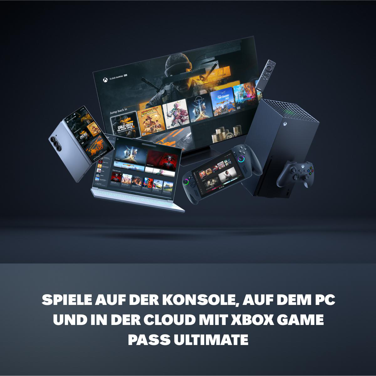 Das Bild zeigt verschiedene Spielgeräte mit Spieltiteln auf Bildschirmen, die für Xbox Game Pass Ultimate werben.