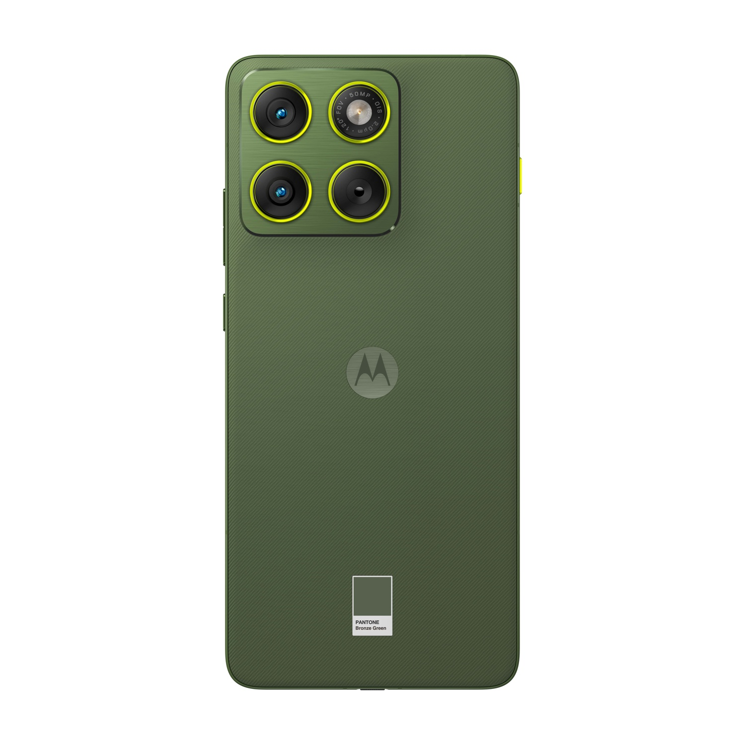 Telefono Motorola verde. Quattro obiettivi con accenti gialli. Retro testurizzato con logo Motorola e colore Pantone Bronze Green.