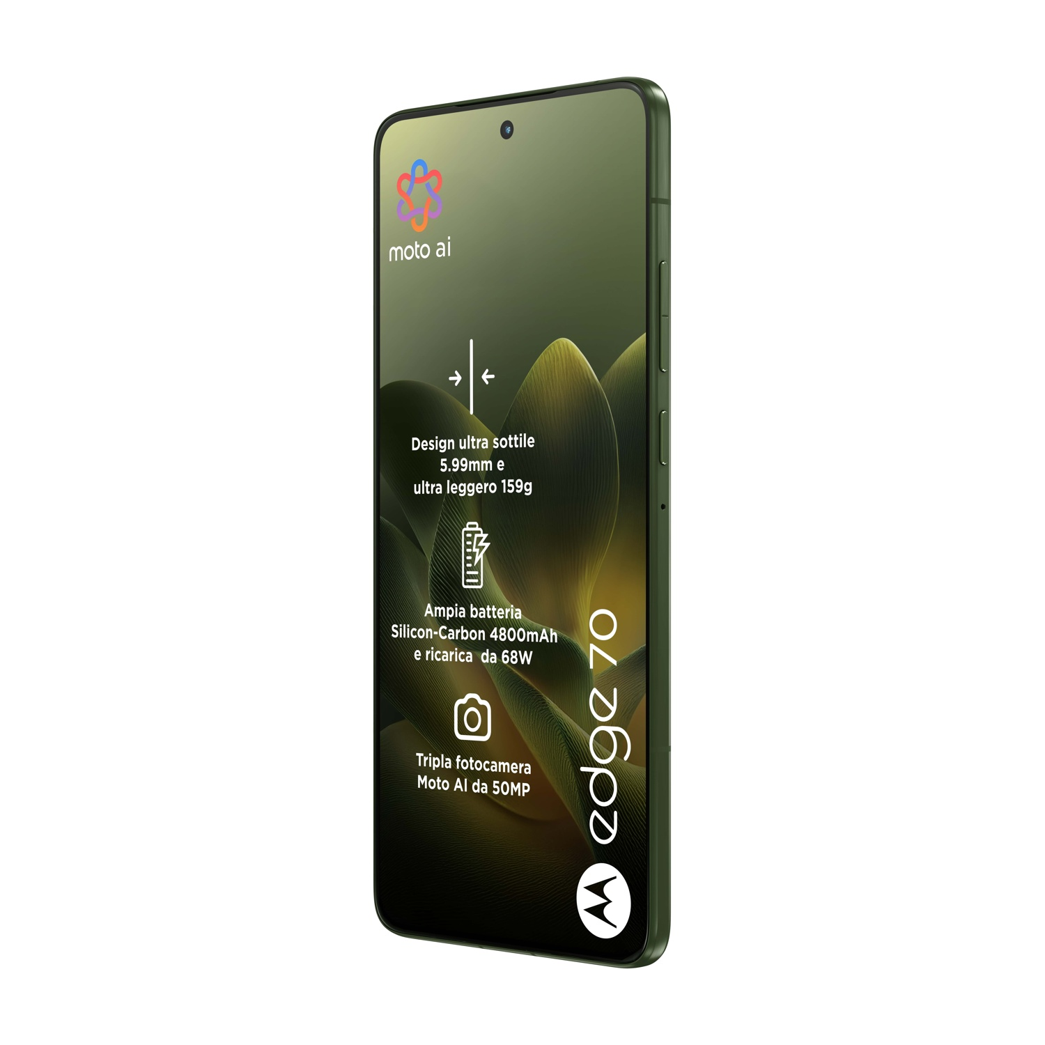 Viene visualizzato uno smartphone con cornice e schermo verdi, ha il logo Moto AI e il testo evidenzia funzioni come fotocamera e batteria.