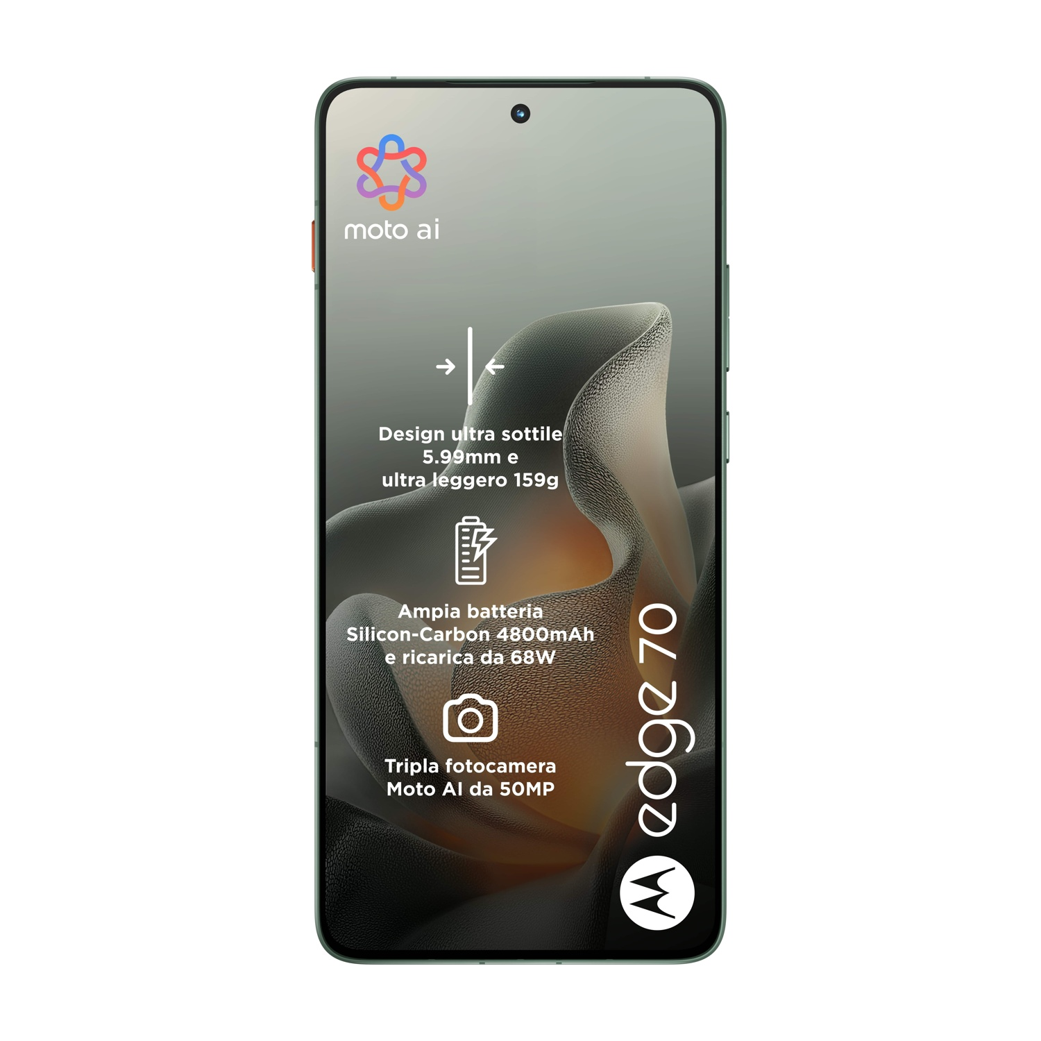 Uno smartphone verde mostra le caratteristiche: logo moto ai, design sottile, batteria grande, tripla fotocamera e marchio 'edge 70'.