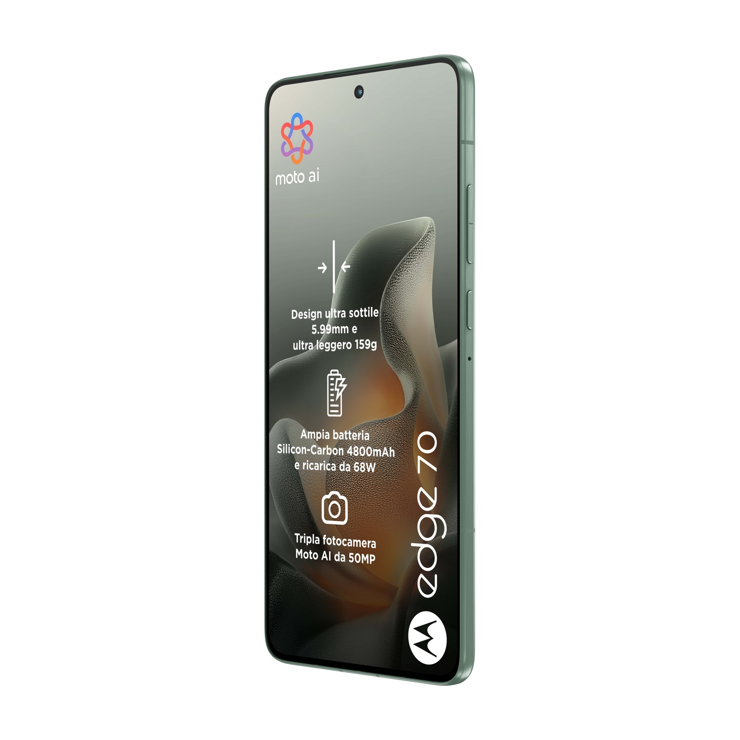 Uno smartphone verde con schermo che mostra caratteristiche come design ultra-sottile, batteria grande e tripla fotocamera, con 'edge 70' sul lato.