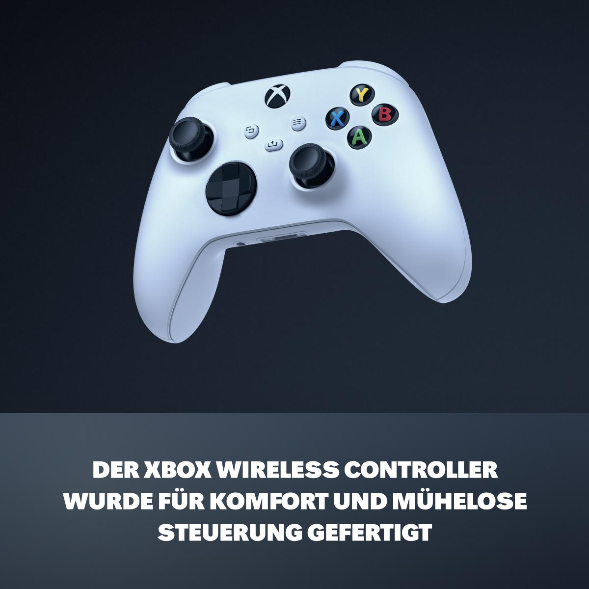 Ein weißer Xbox Wireless Controller. Knöpfe sind Y, X, B, A und ein schwarzes Steuerkreuz. Text unten sagt, es ist für Komfort gemacht.