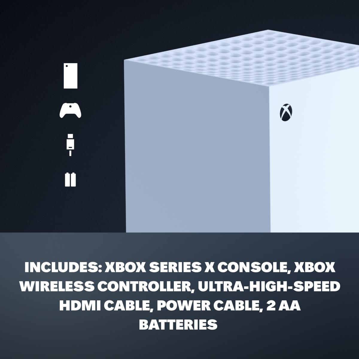 Das Bild zeigt eine Xbox Series X-Konsole mit Zubehör: Controller, HDMI-Kabel, Netzkabel und Batterien.