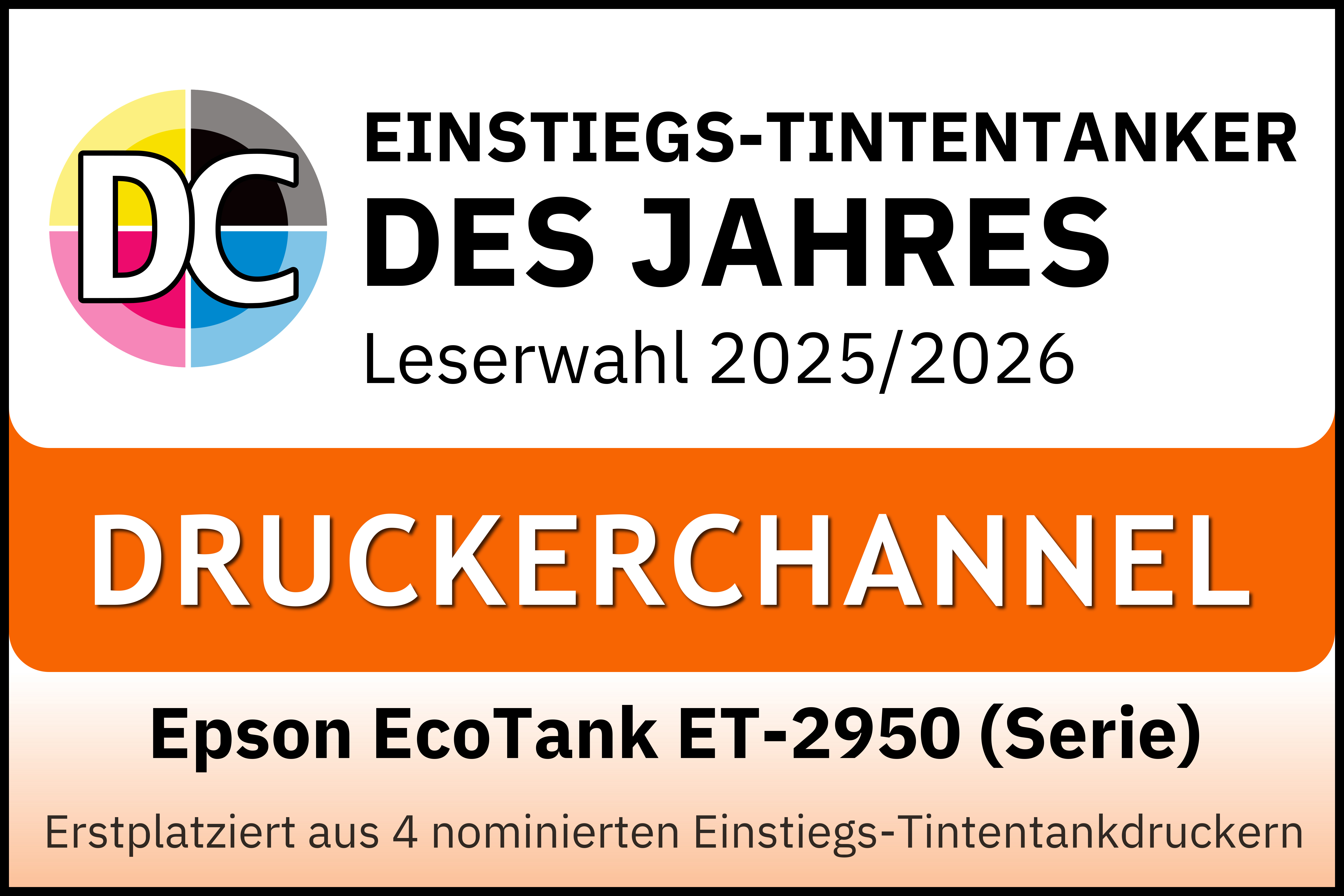 Das Bild zeigt Logo, Text "EINSTIEGS-TINTENTANKER DES JAHRES" und Informationen zum Drucker.