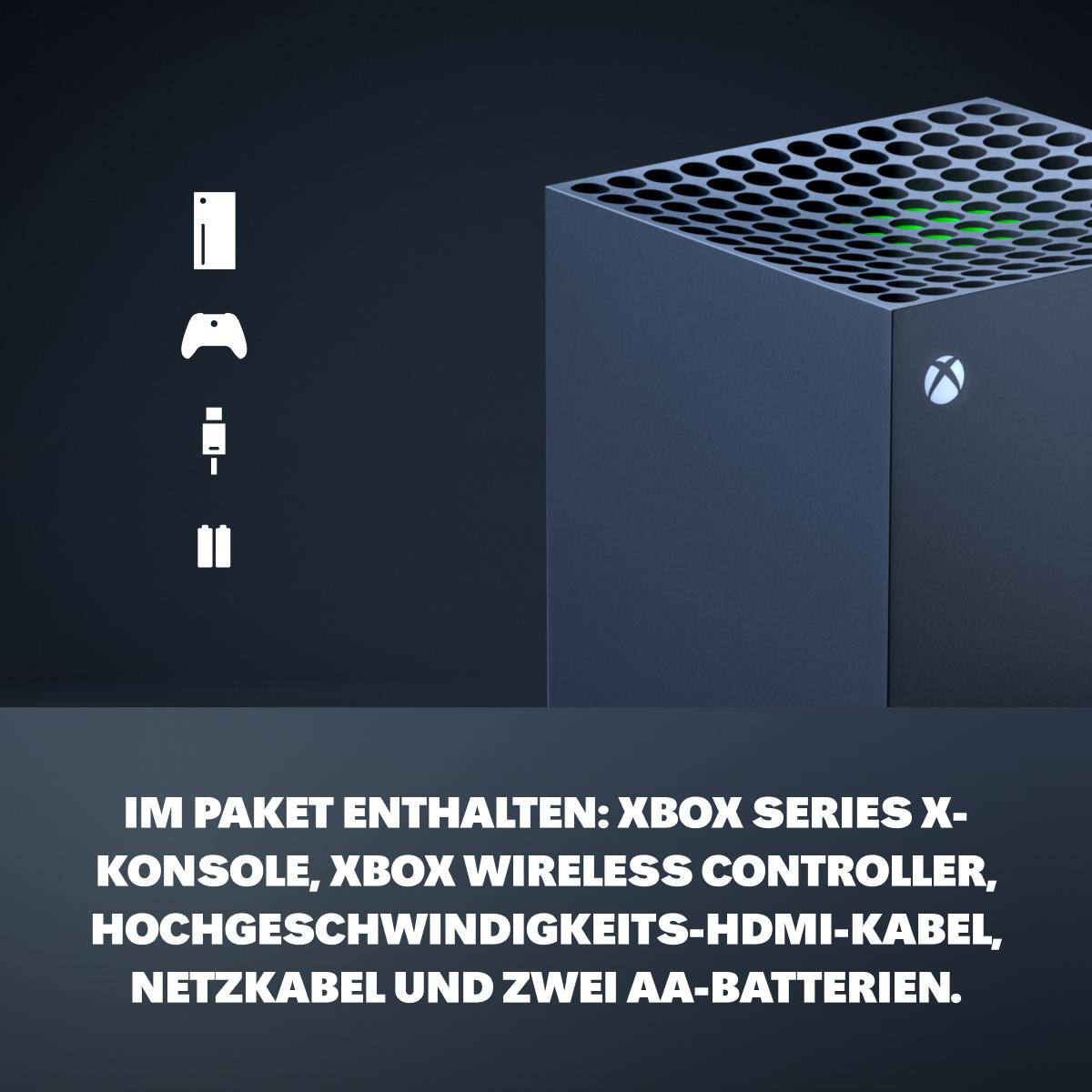 Xbox Series X Konsole mit Controller, Kabel und Batterien. Text: 'Enthalten: Konsole, Controller, HDMI-Kabel, Netzkabel, Batterien.'