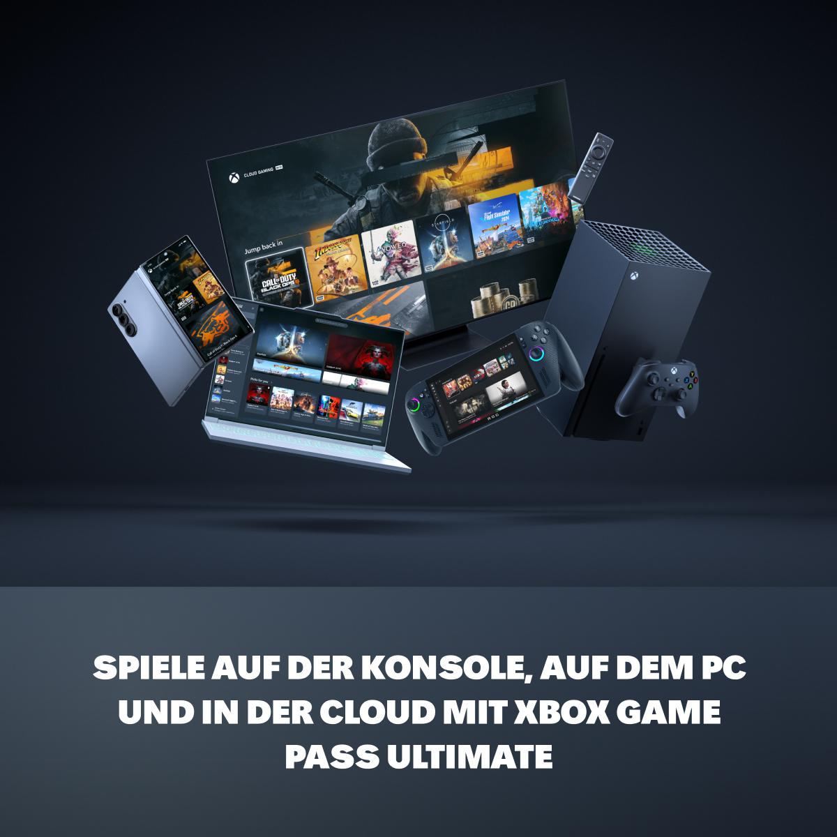 Das Bild zeigt verschiedene Geräte, die Spiele anzeigen: Fernseher, Telefon, Laptop, Handheld-Konsole, Xbox-Konsole und Controller. Text unten.
