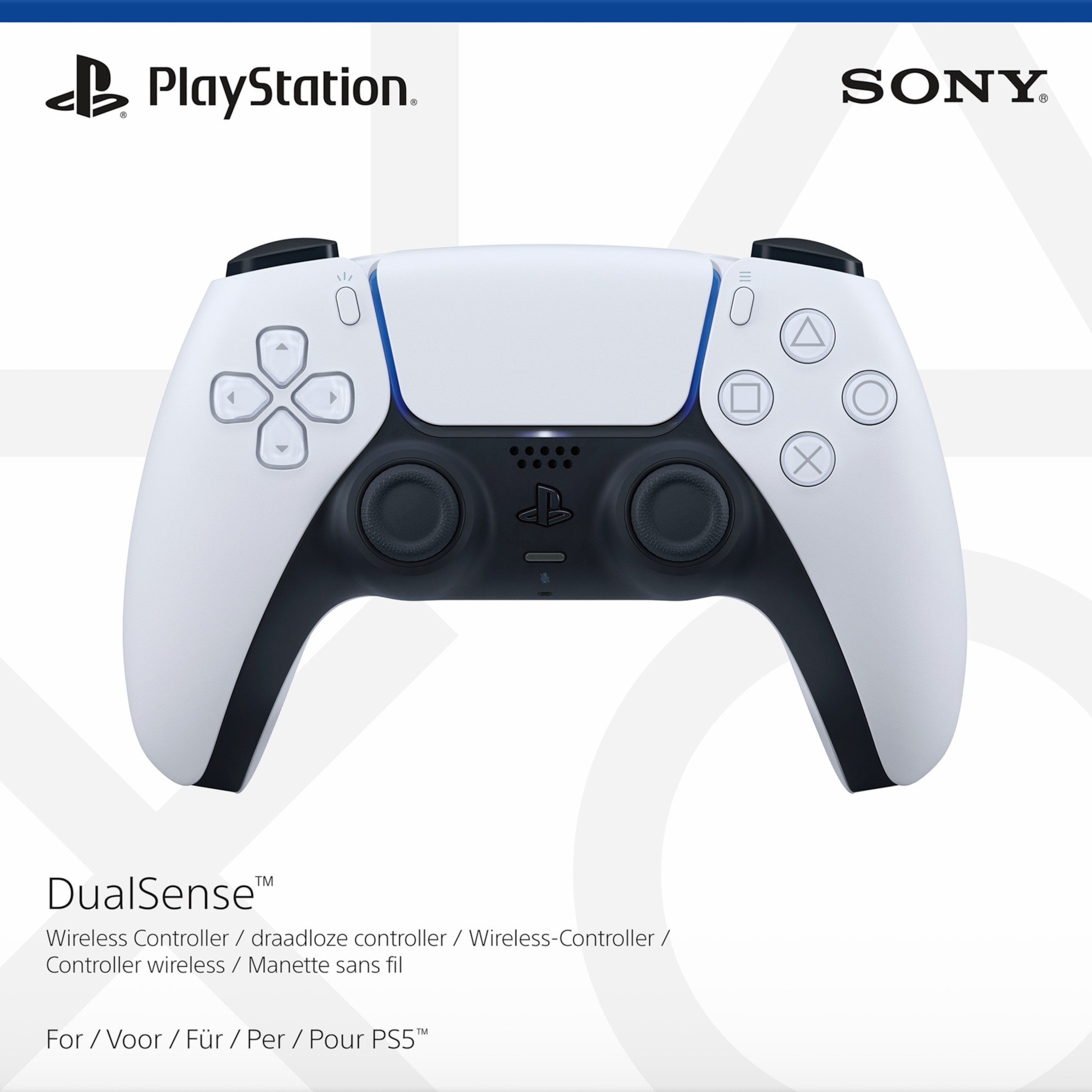 Ein weiß-schwarzer PlayStation DualSense Controller. Er hat Knöpfe, Joysticks und das PlayStation-Logo.