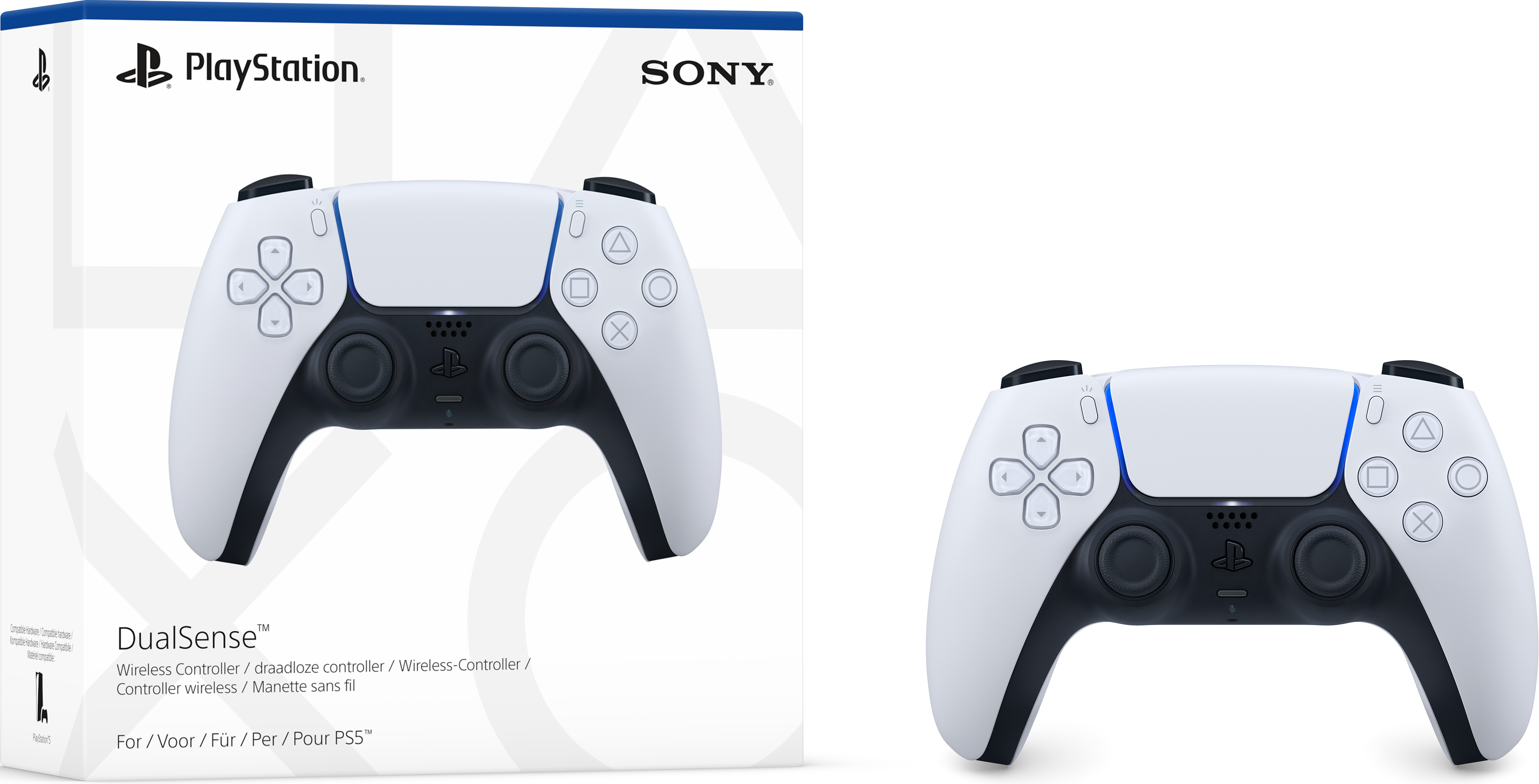 Das Bild zeigt einen weißen PlayStation 5 DualSense-Controller und seine Box. Der Controller hat schwarz-weiße Details und verschiedene Tasten.