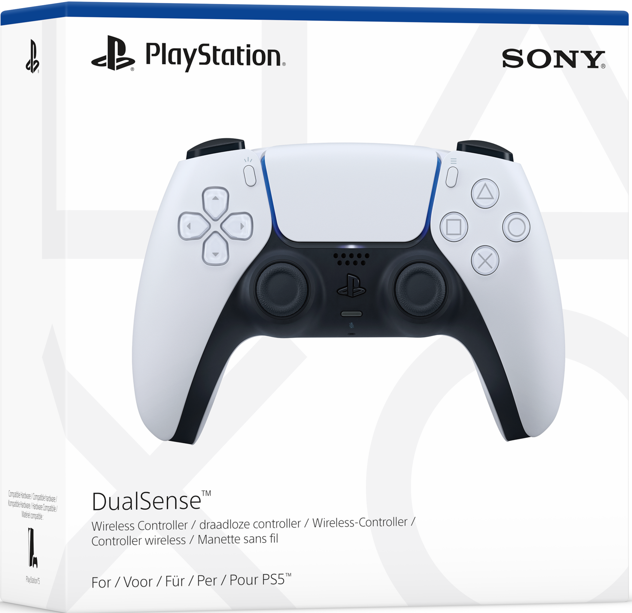 Ein weiß-schwarzer PlayStation DualSense-Controller auf einer Box. Die Box hat die Logos von PlayStation und Sony.