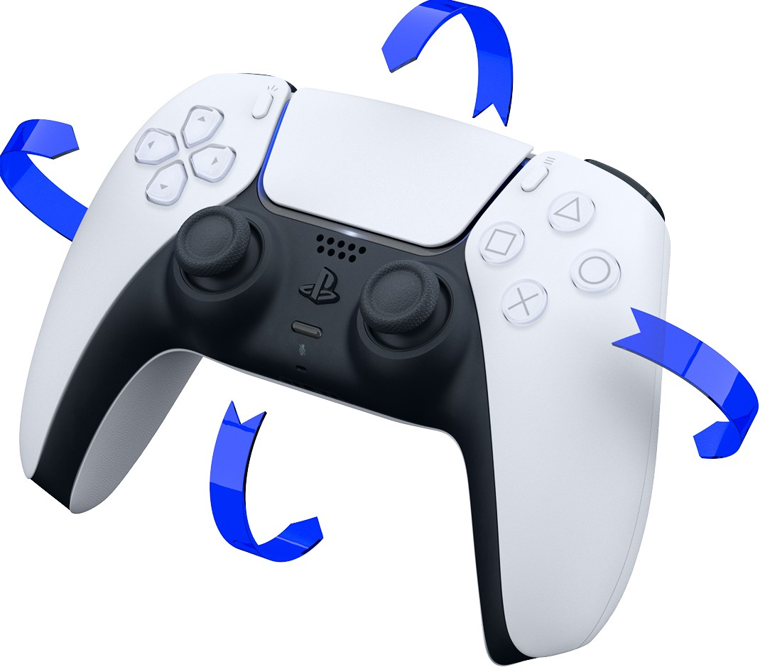 Ein weiß-schwarzer Playstation 5-Controller mit blauen Pfeilen, die Bewegung anzeigen.