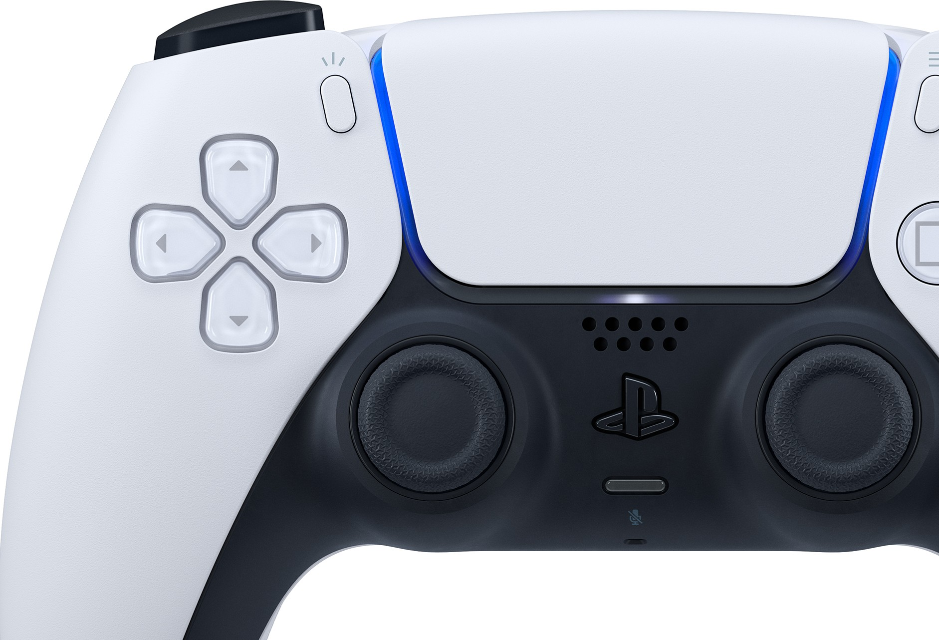 Ein weiß-schwarzer Playstation 5-Controller. Mit Tasten, Richtungspad, Analogsticks und einem Playstation-Logo.
