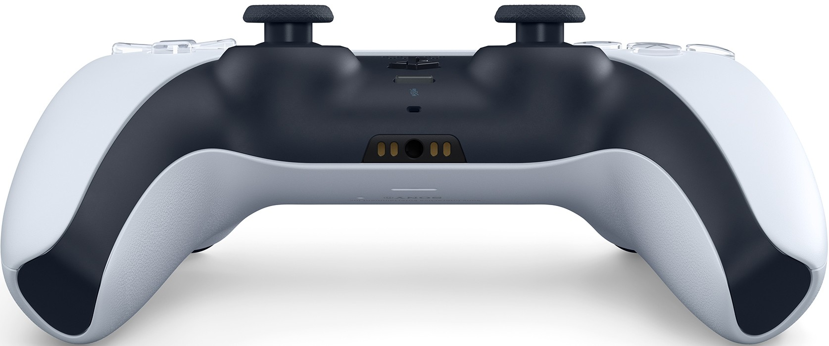 Ein weiß-schwarzer PlayStation 5-Controller mit zwei schwarzen Joysticks und einem Mittelteil.