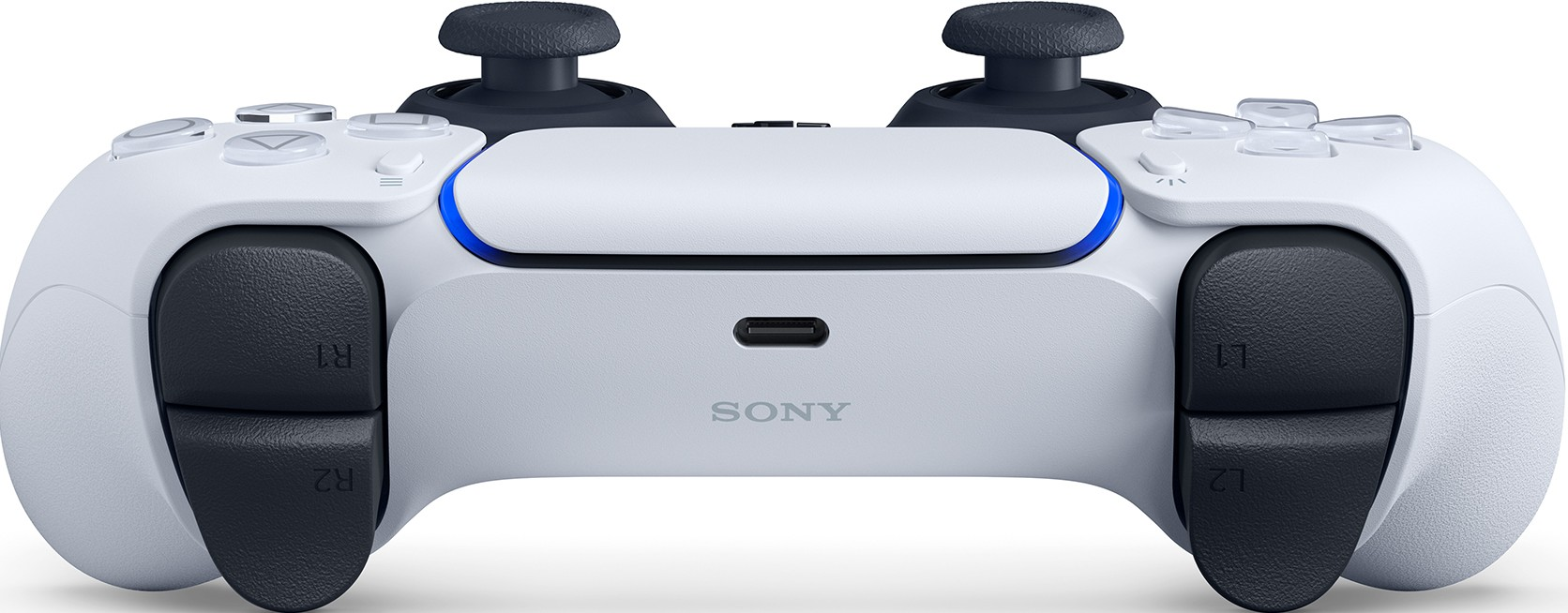 Ein weiß-schwarzer Sony PlayStation 5 DualSense-Controller mit Knöpfen, Joysticks und dem Sony-Logo.