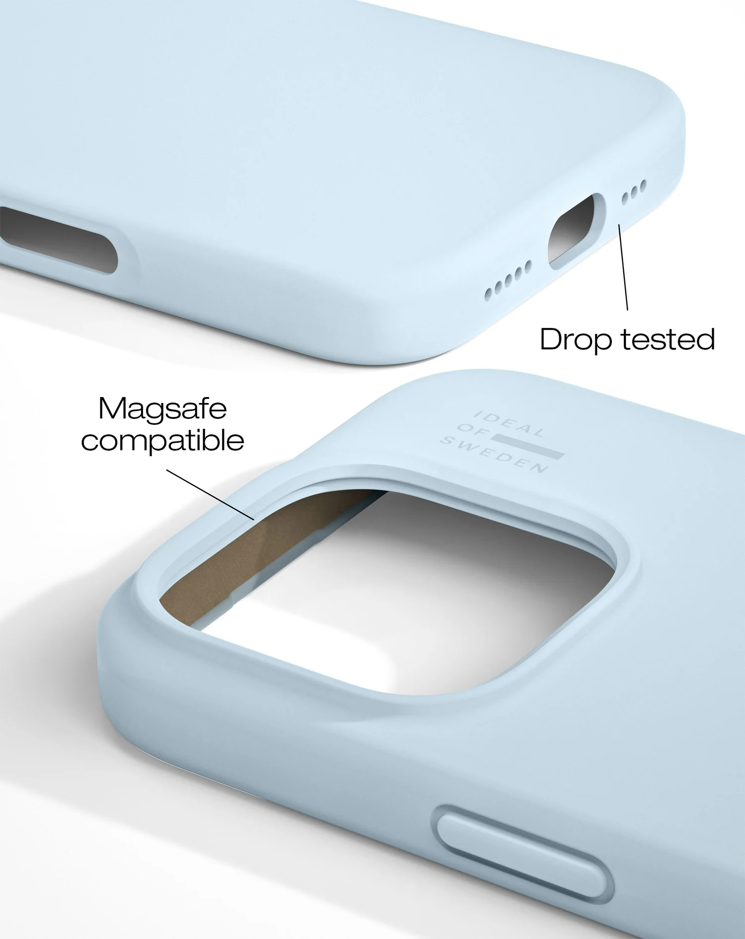 Világoskék telefontok. Jellemzők: Magsafe kompatibilitás és leejtés elleni védelem. Részletek: portok, gombok és logó.