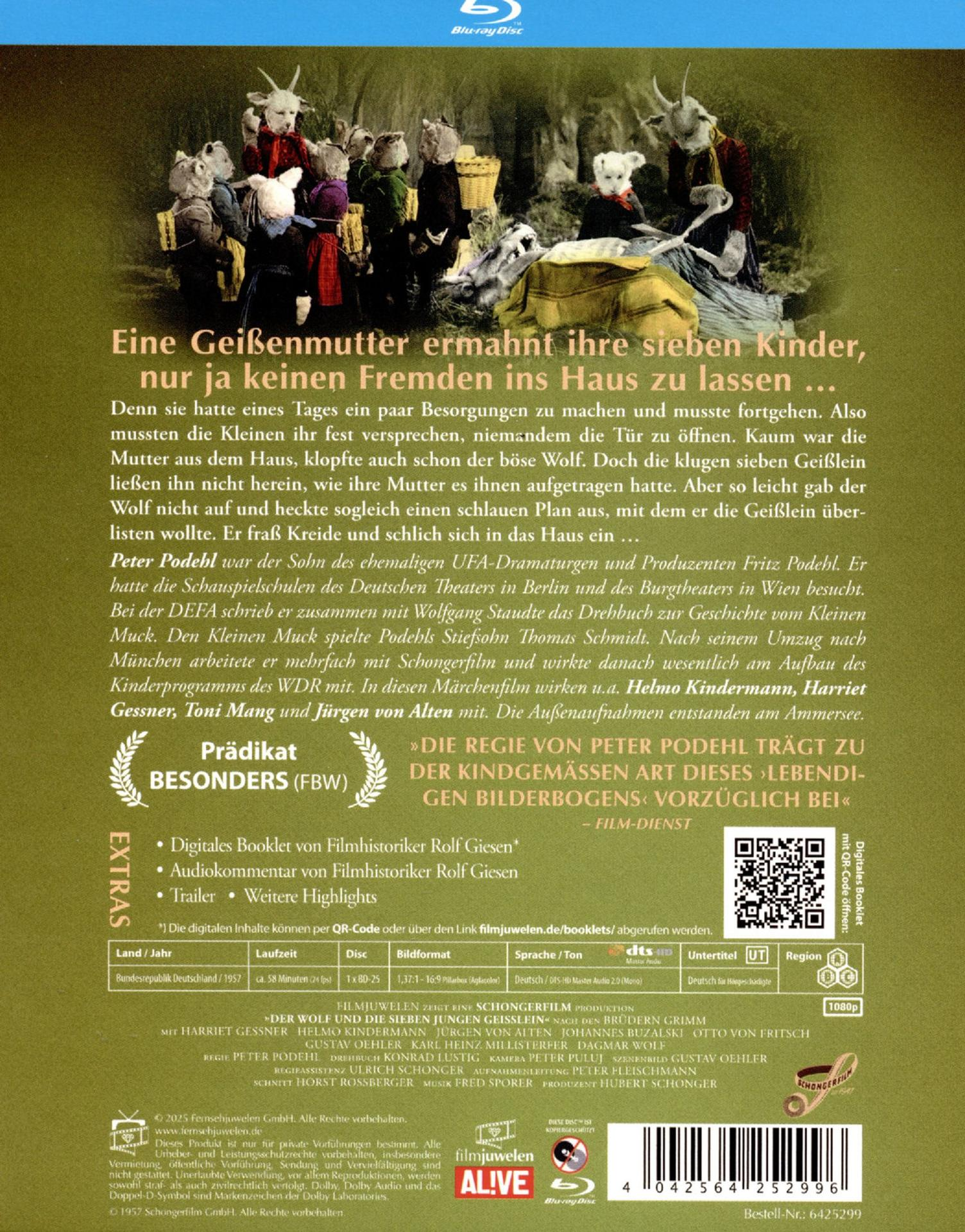 Blu-ray-Disc-Cover mit einer Szene aus einem Film über einen Wolf und sieben Kinder, mit Text und QR-Code.