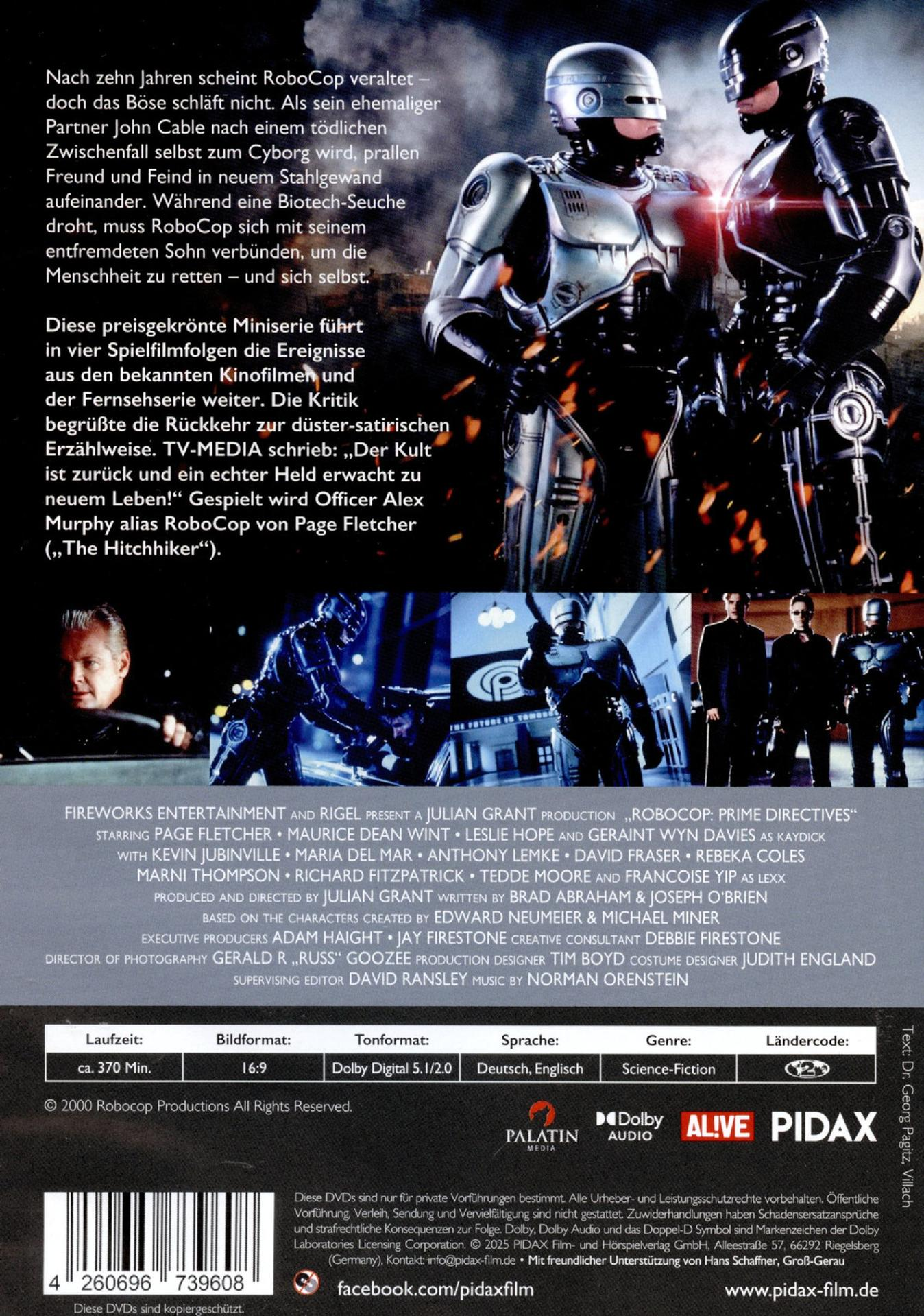 RoboCop-Filmplakat. Zwei Roboter stehen sich gegenüber. Text enthält Besetzung, Credits und DVD-Details.