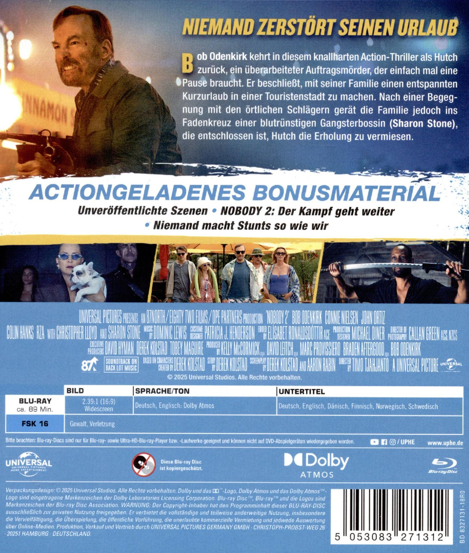 Filmposter mit Bob Odenkirk, Titel 'Nobody 2' und Text, der Handlung, Besetzung und technische Daten beschreibt.
