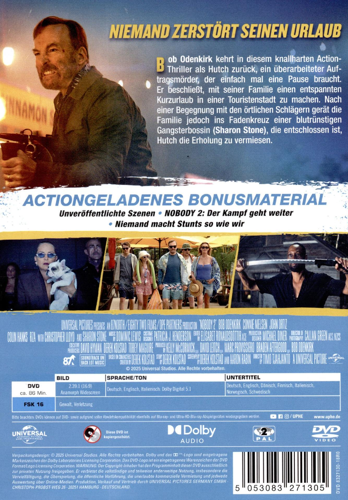 DVD-Cover: Mann mit Waffe, Titel 'Nobody', Besetzung und Credits. Im Hintergrund eine Gruppe von Leuten am Strand.