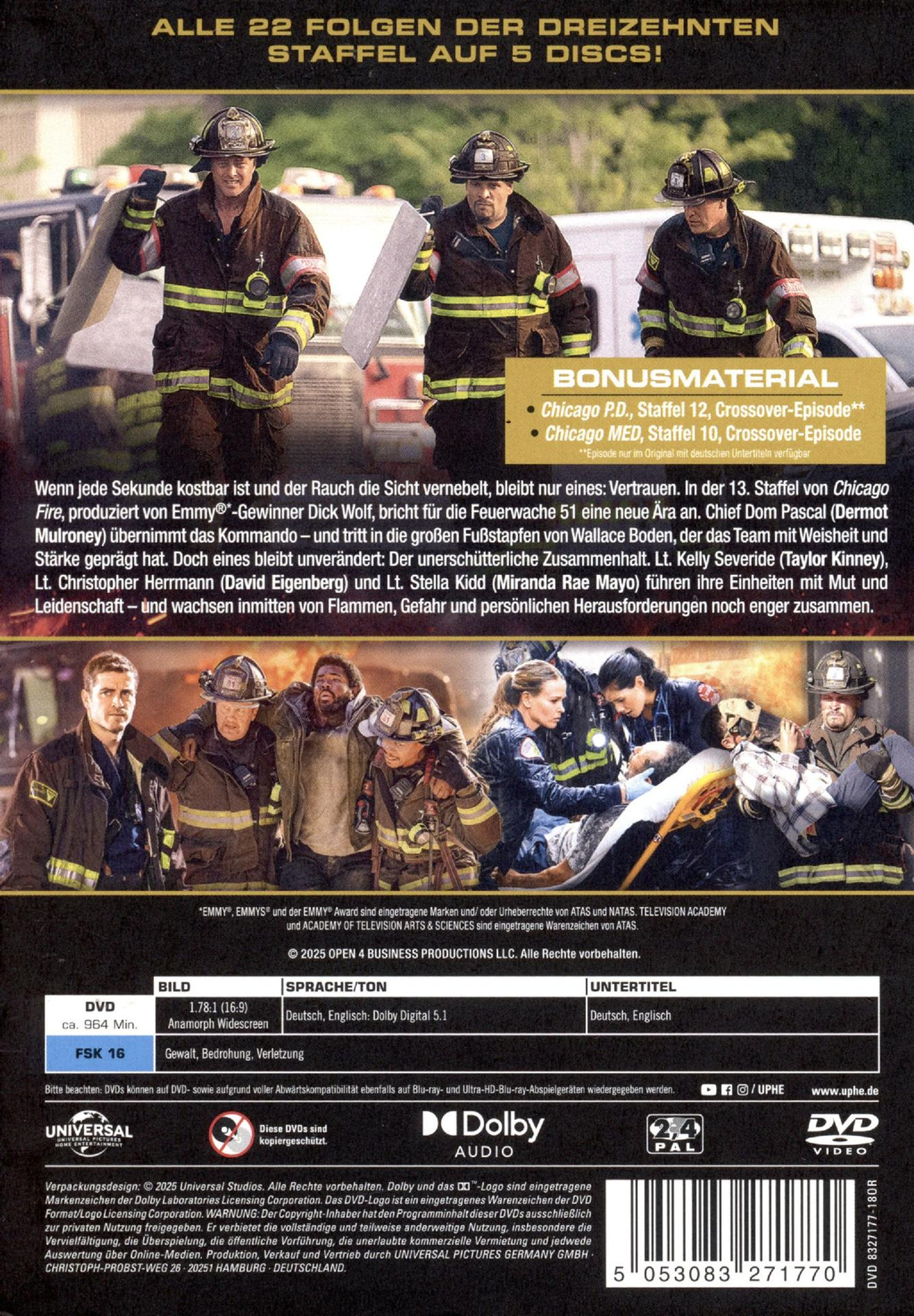DVD-Cover. Feuerwehrleute in Uniform, Flammen und Text über die Show Chicago Fire, mit Titel und Bonusinhalt.