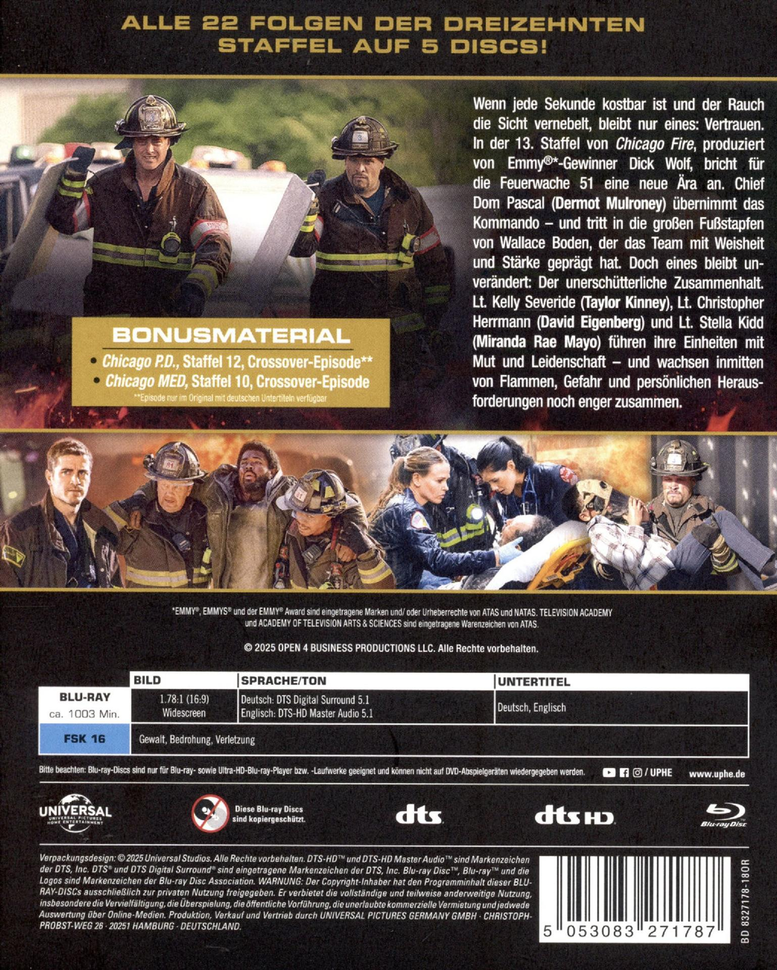 Blu-ray-Cover mit Feuerwehrleuten, Text auf Deutsch und Logos für DTS, Blu-ray und Universal Pictures.