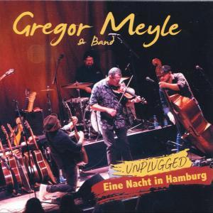 Band spielt auf der Bühne Instrumente. Ein Mann spielt in der Mitte Geige. Gitarren stehen links aufgereiht.