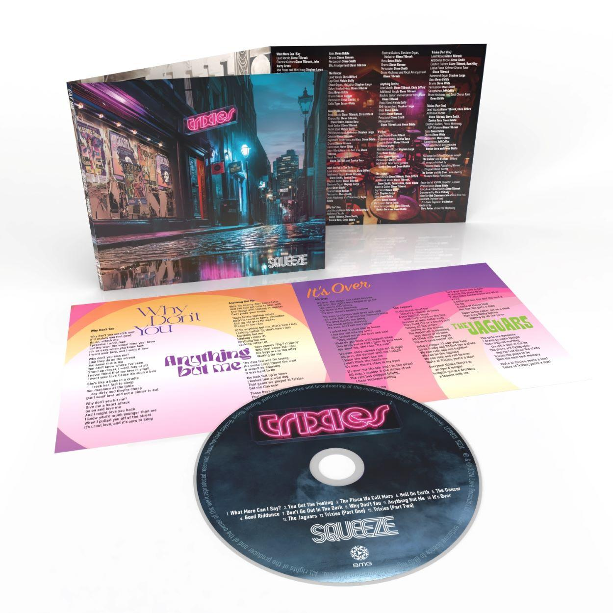 CD-Hülle mit Albumcover und Texten. Die CD ist vorne. Squeeze-Bandname und Albumtitel Trixies.