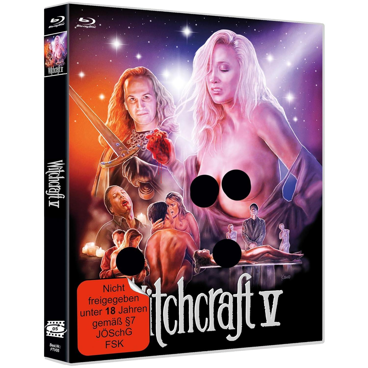 Blu-ray-Cover mit einer Frau und einem Mann mit Schwert und anderen Personen. Der Titel lautet Witchcraft V. Es gibt eine Altersbeschränkung.