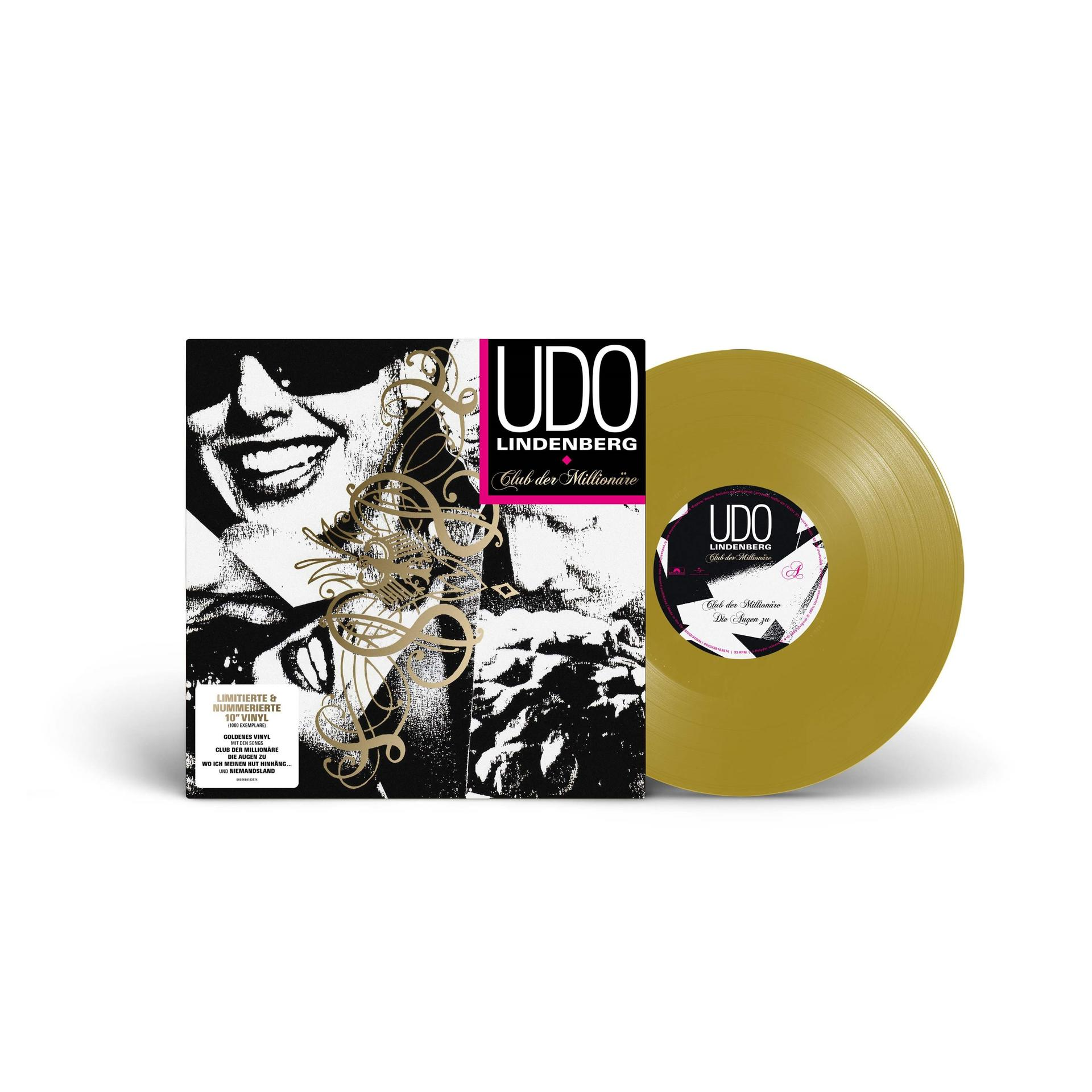 Albumcover und Vinyl von Udo Lindenberg. Schwarz-Weiß-Grafiken, goldfarbenes Vinyl. Text enthält Albumtitel und Songnamen.