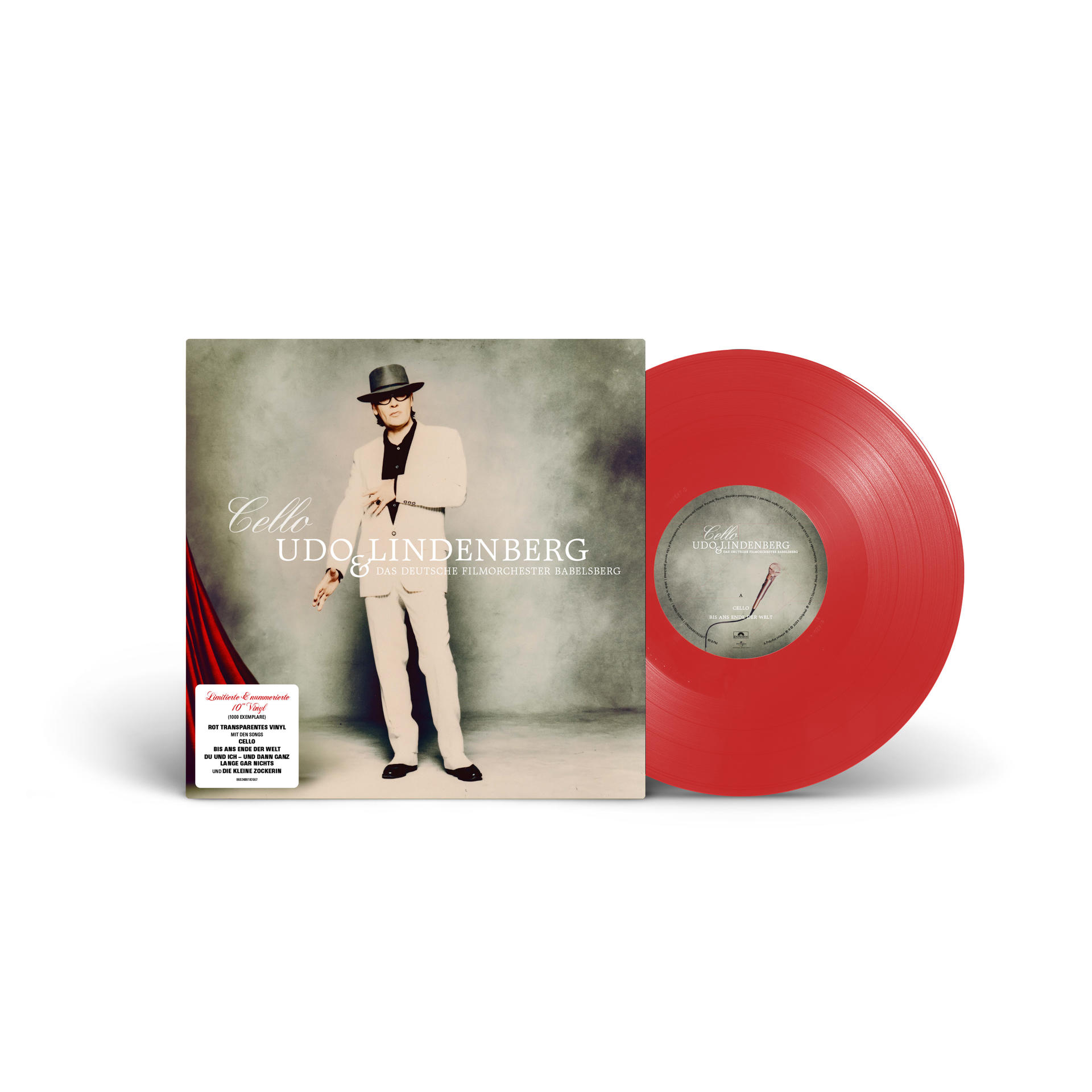 Albumcover: Udo Lindenberg in weißem Anzug und Hut neben einer roten Vinylplatte.