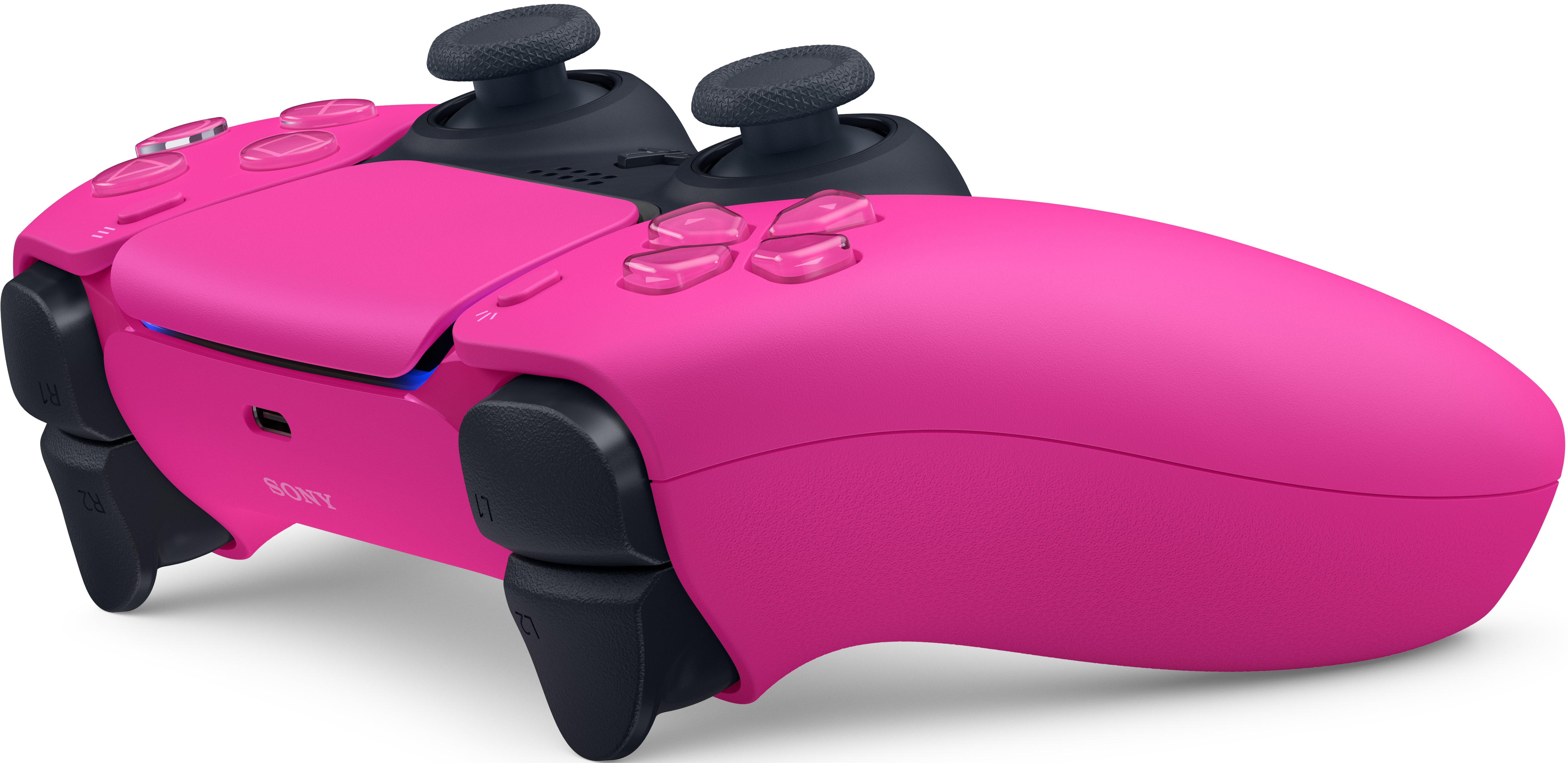 Ein pinkfarbener PlayStation 5-Controller. Merkmale sind schwarze Joysticks, transparente Knöpfe und ein USB-Anschluss. Das 'SONY'-Logo ist sichtbar.
