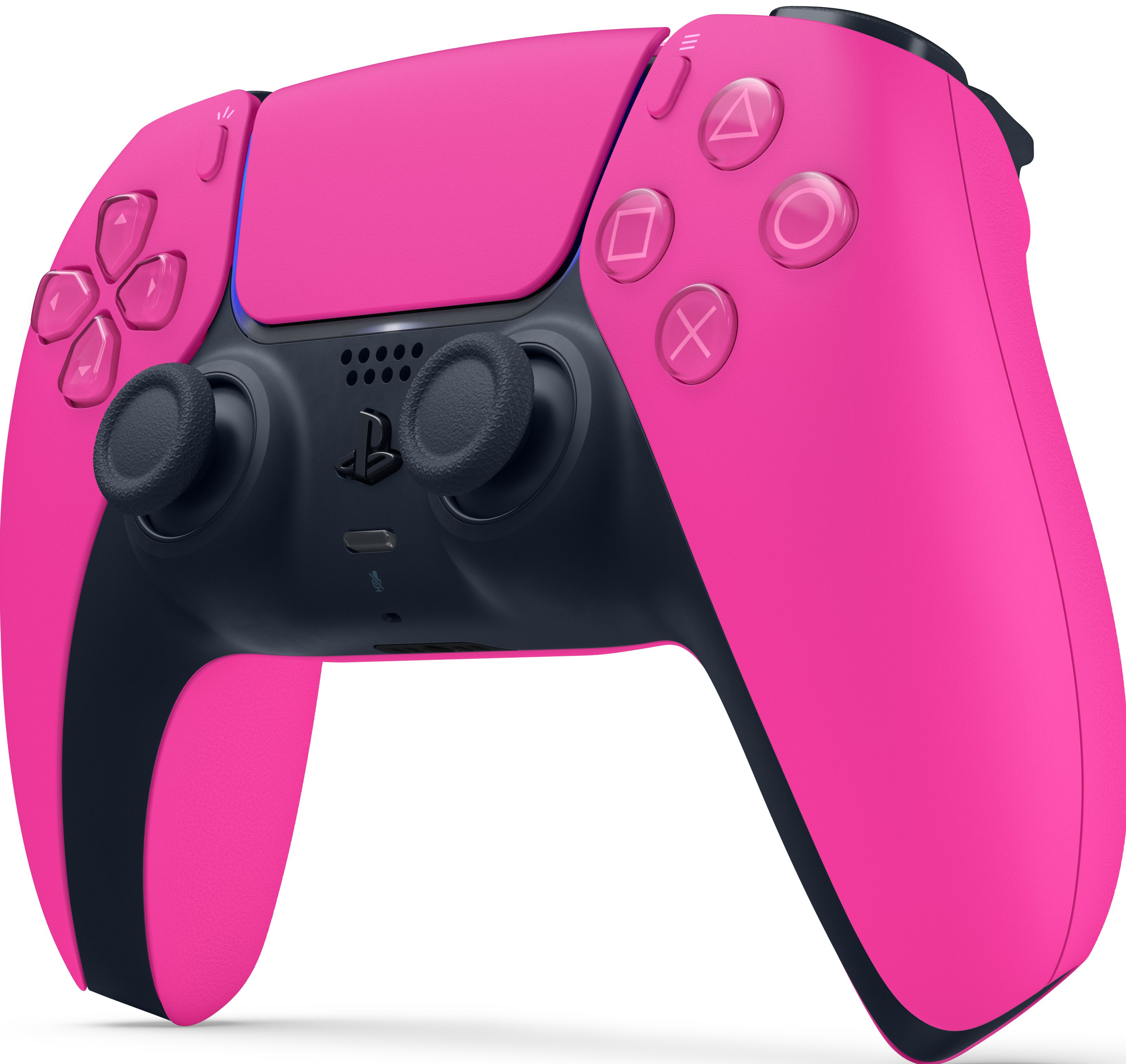 Ein pinkfarbener und schwarzer PlayStation 5 Controller. Mit Tasten wie Dreieck, Quadrat, X und Kreis. Zwei schwarze Analog-Sticks sind sichtbar.