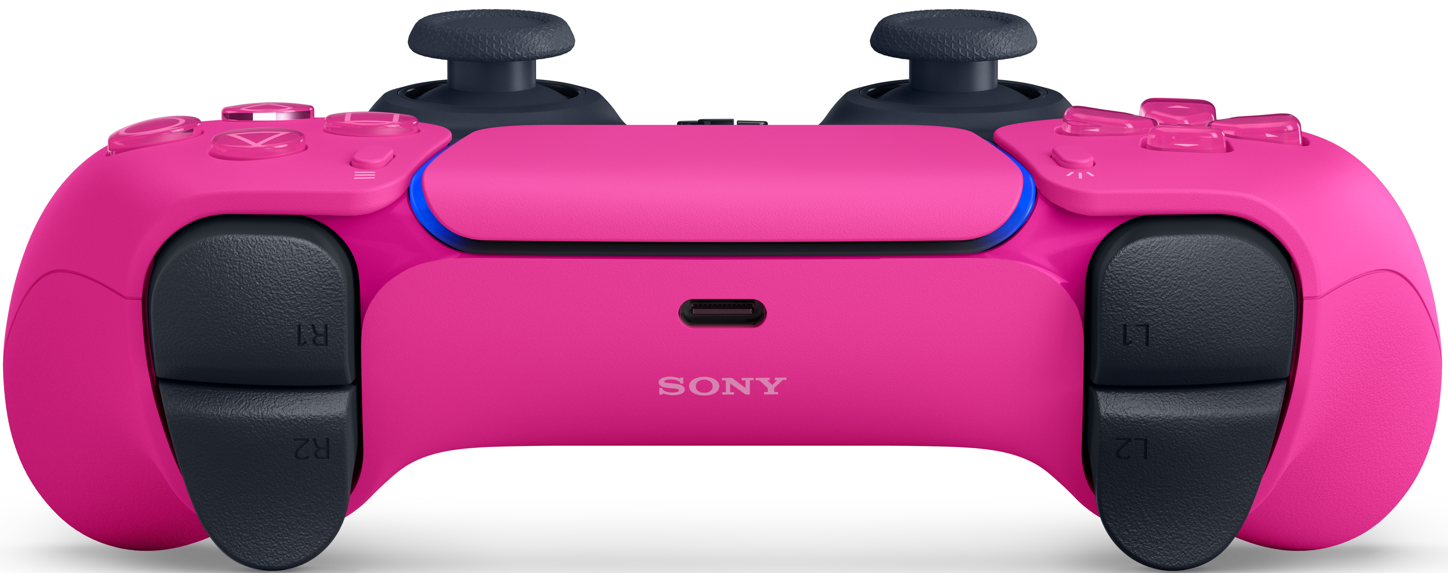 Ein pinkfarbener PlayStation 5-Controller. Merkmale: schwarze Joysticks und Tasten. Das Sony-Logo ist sichtbar. Ein blaues Licht.