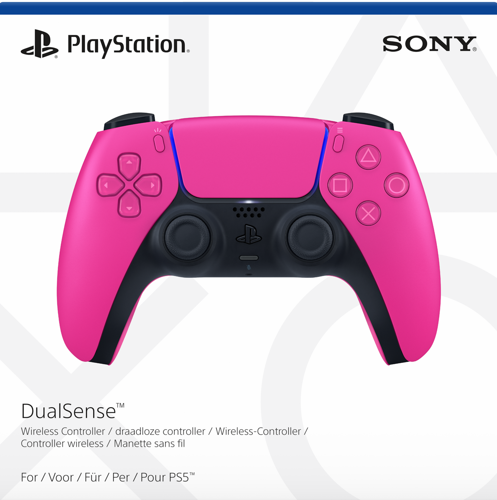 Ein pinkfarbener PlayStation DualSense-Controller. Er hat schwarze Akzente, Knöpfe und Logos.