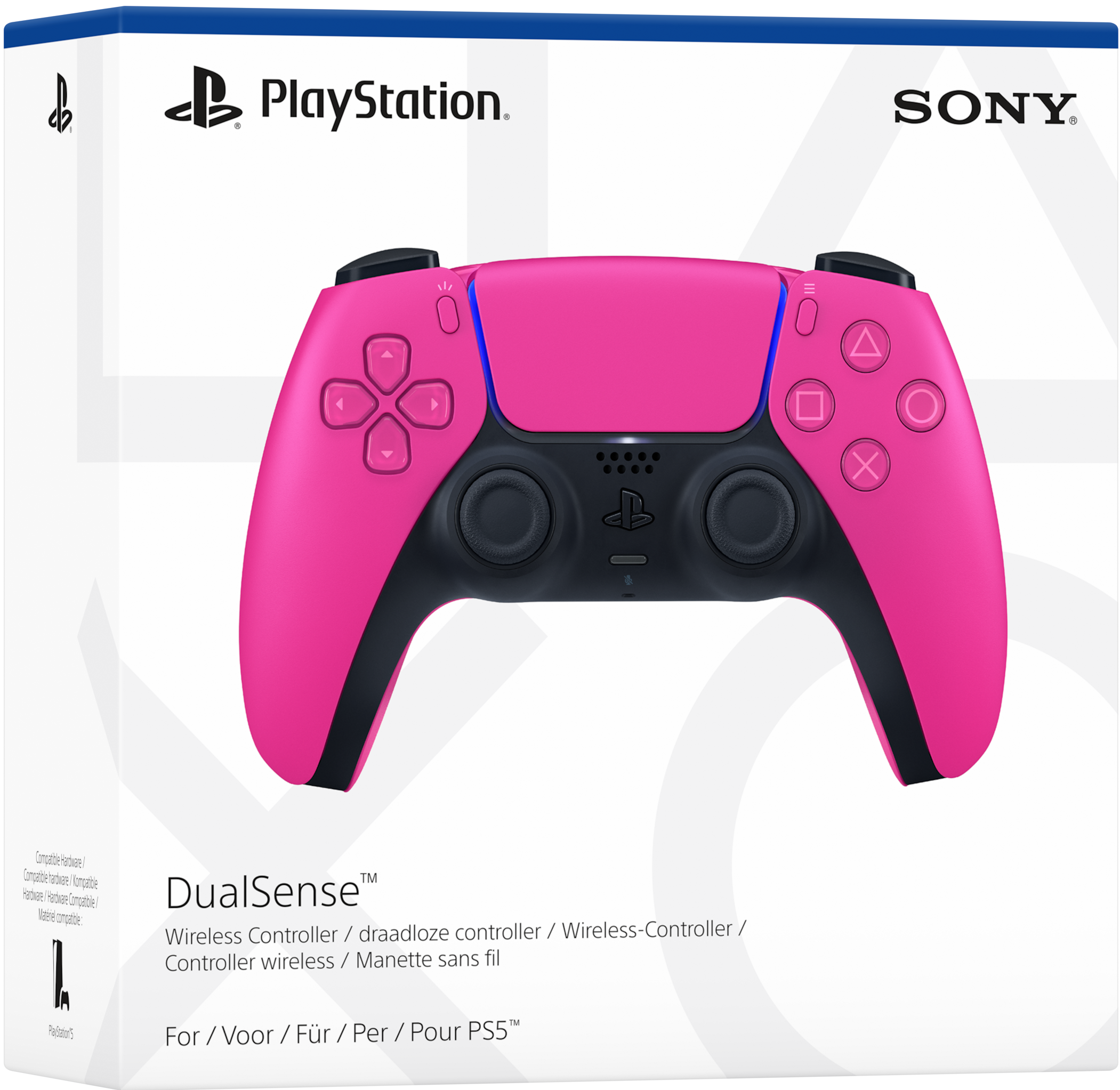 Ein pinkfarbener PlayStation DualSense-Controller auf einer weißen Box. Die Box hat PlayStation- und Sony-Logos.