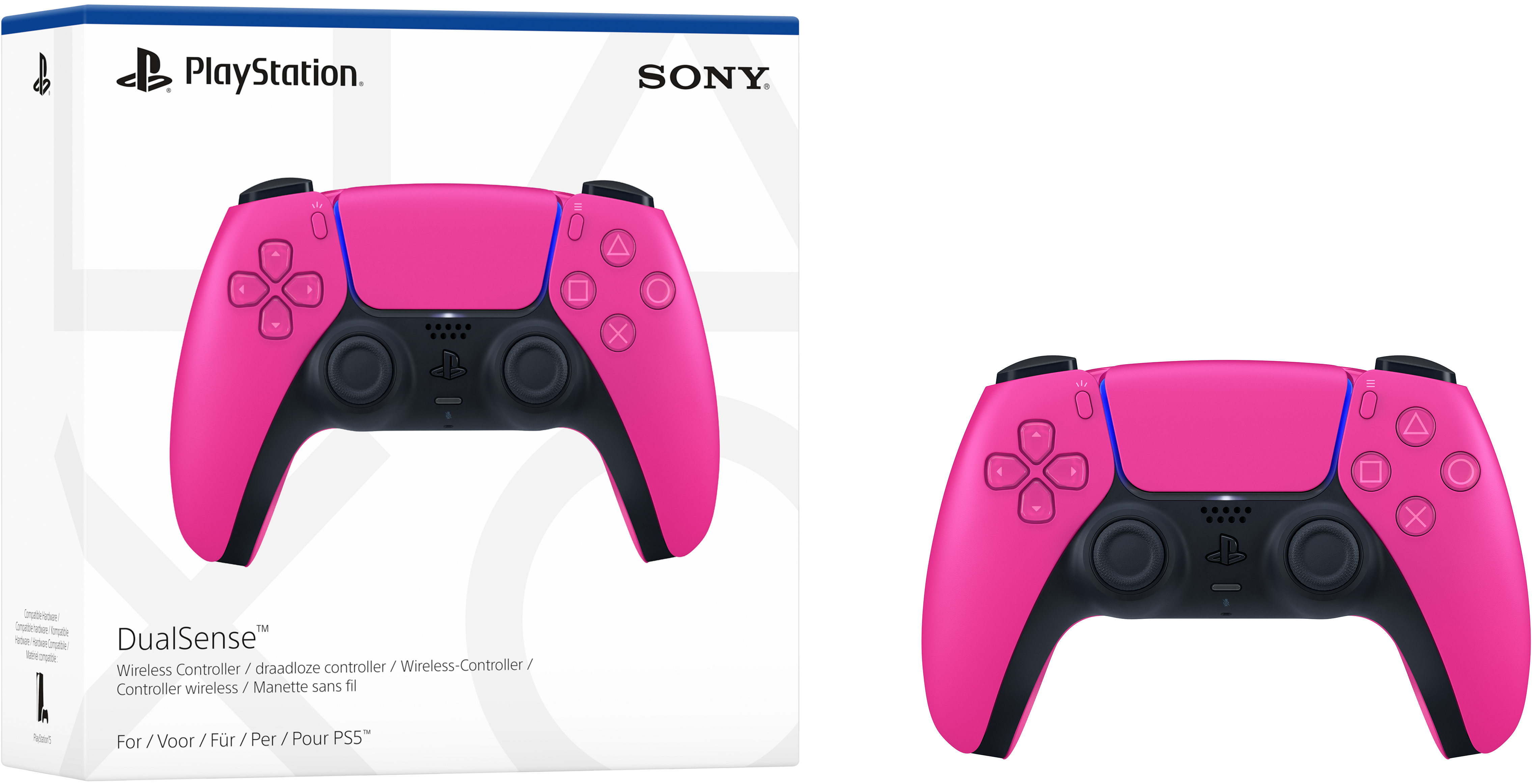 Das Bild zeigt einen pinkfarbenen PlayStation 5 DualSense-Controller und seine Box. Der Controller ist vor schwarzem Hintergrund.