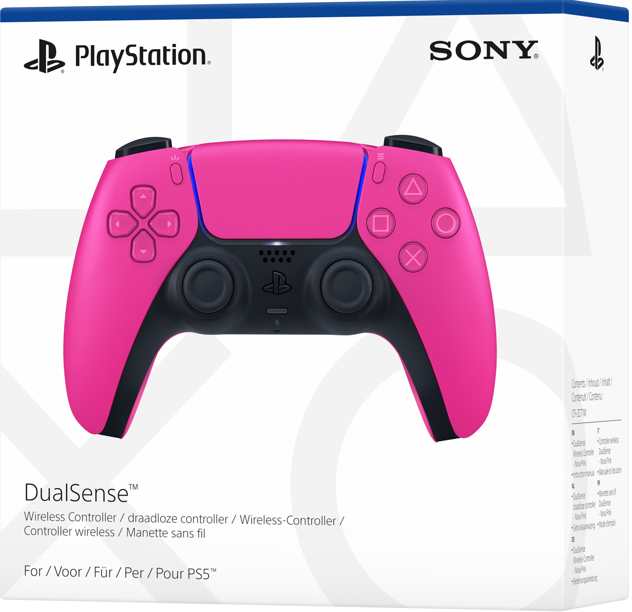 Ein rosafarbener DualSense PS5-Controller wird auf der Verpackung angezeigt. Die Verpackung ist weiß mit PlayStation- und Sony-Logos.