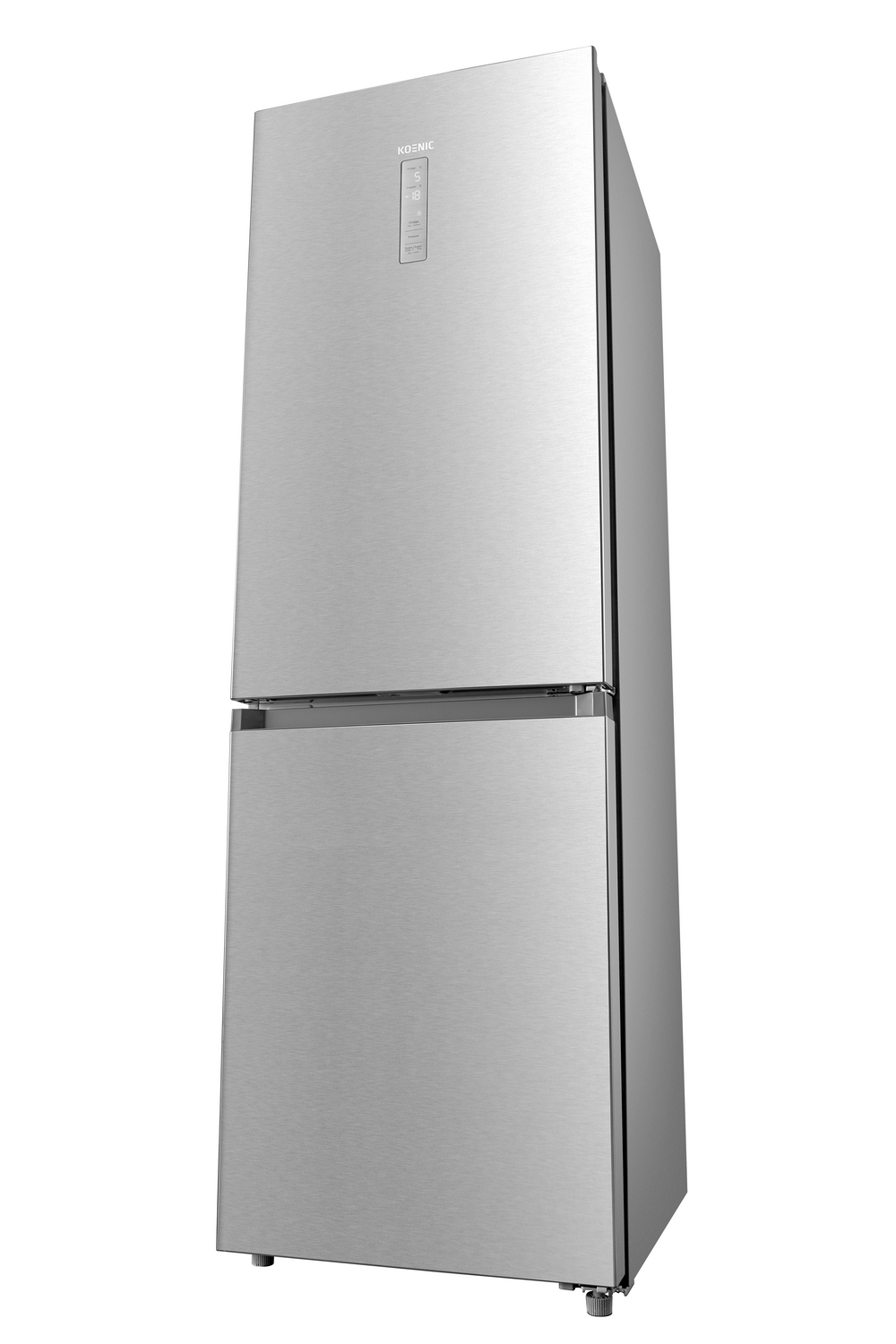 Un refrigerador Koenic de acero inoxidable. Es un modelo de dos puertas con el congelador abajo. El fondo es blanco.
