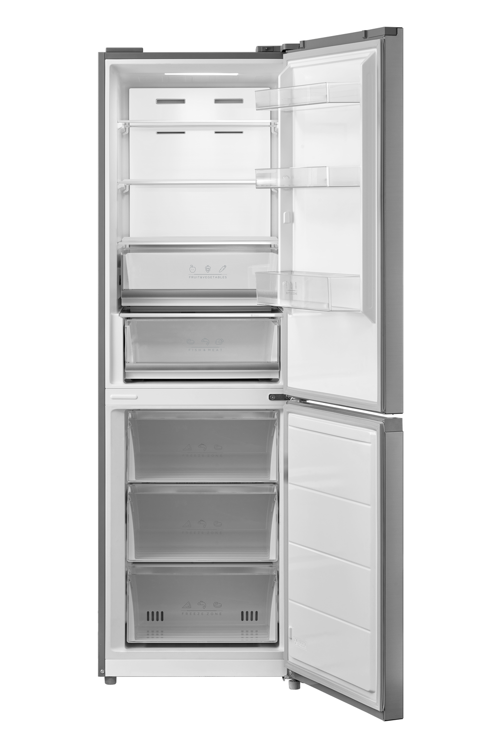 Refrigerador abierto, mostrando estantes y cajones. Sección superior con estantes, media con cajones de frutas/verduras y pescado/carne, inferior con cajones de congelador.