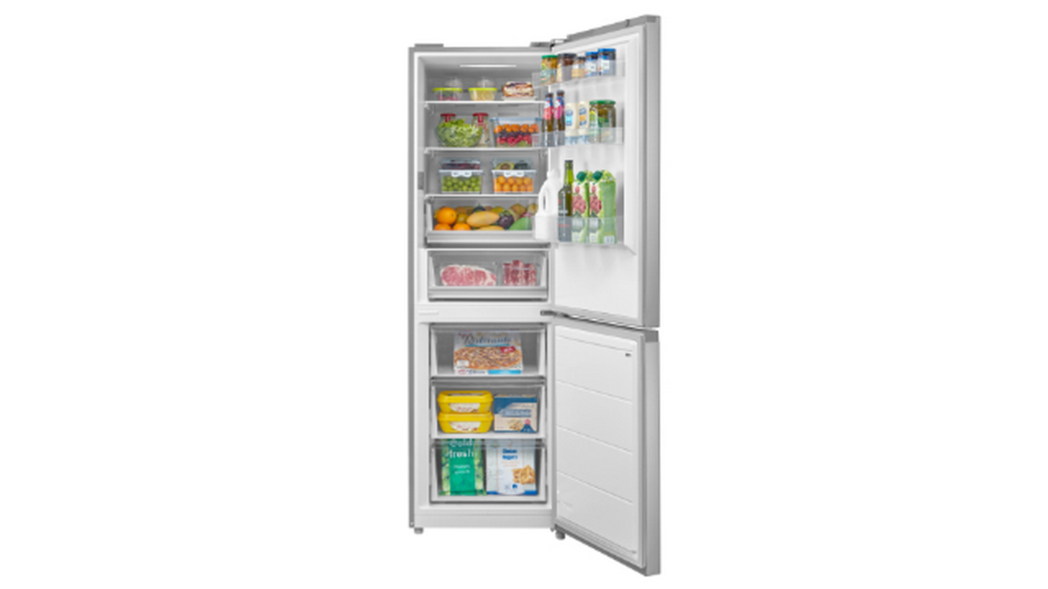 Refrigerador abierto lleno de alimentos: frutas, verduras, bebidas y congelados. El refrigerador es plateado con interior blanco.
