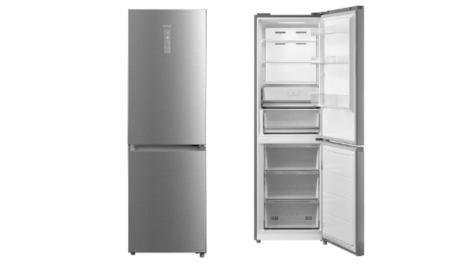 Un refrigerador plateado, una puerta abierta, revelando estantes y cajones. La puerta cerrada tiene un panel de control.
