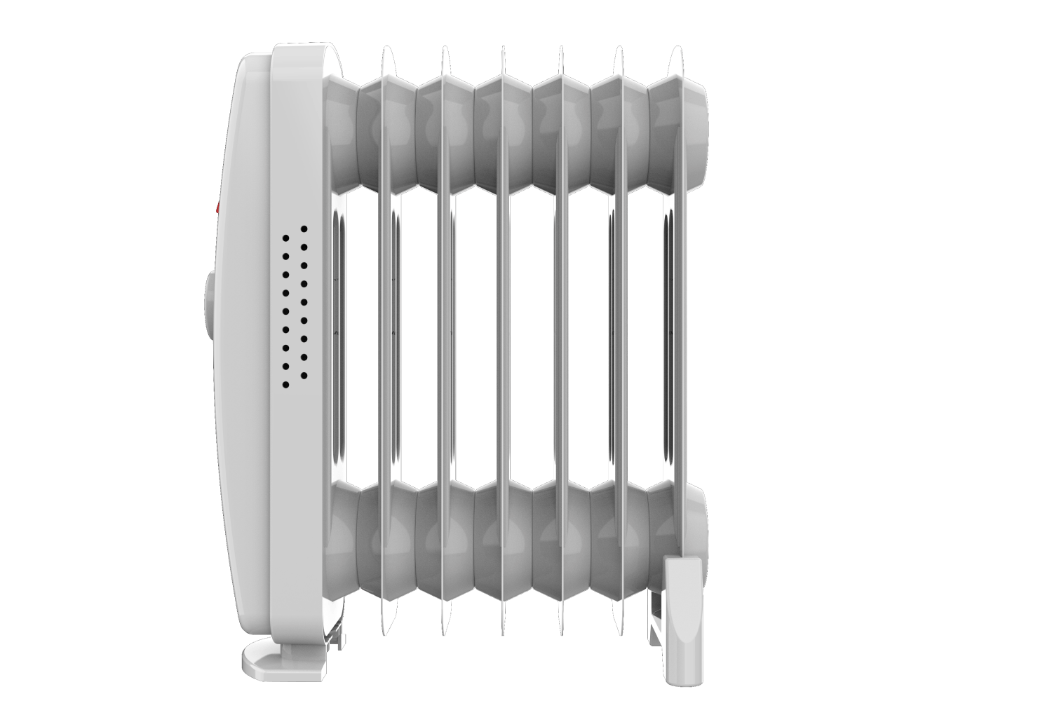 Un radiador de aceite blanco sobre fondo negro. El radiador tiene aletas verticales y un panel de control lateral.