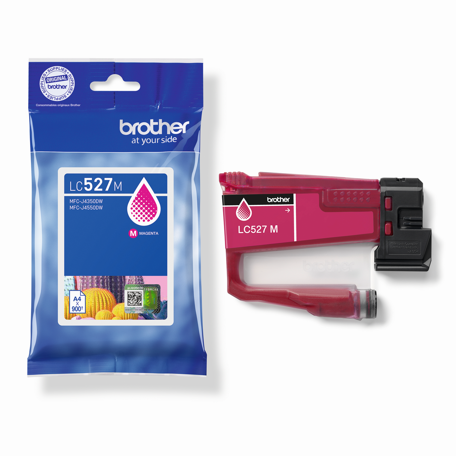 Cartucho de tinta magenta Brother y paquete. El cartucho es magenta, el paquete es azul. Ambos tienen el logotipo de Brother.