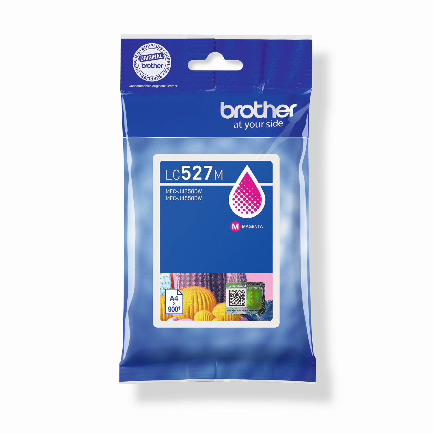 Cartucho de tinta magenta Brother LC527M. Paquete de plástico azul. Texto incluye 'original brother' y 'at your side'.