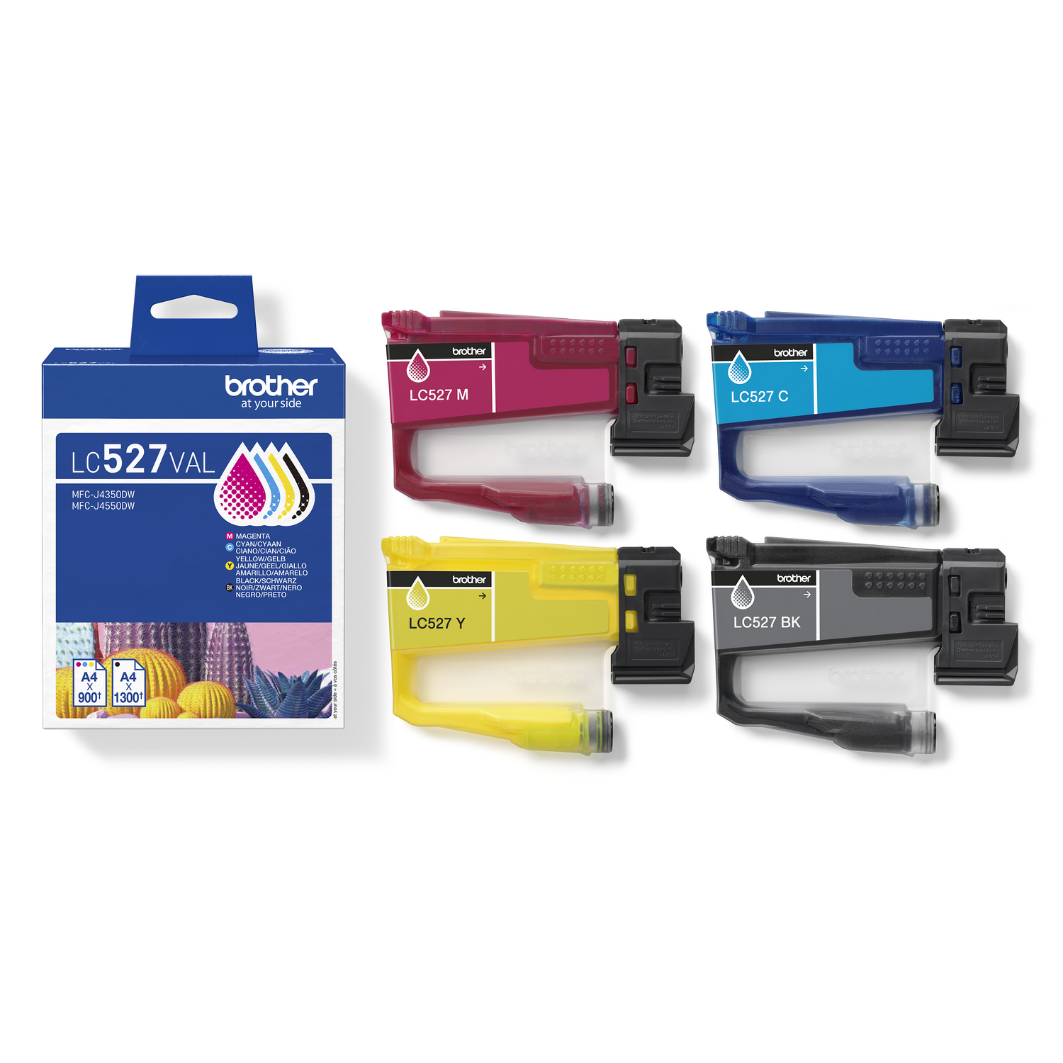 La imagen muestra cartuchos de tinta Brother: magenta, cian, amarillo y negro, y una caja con los mismos colores.