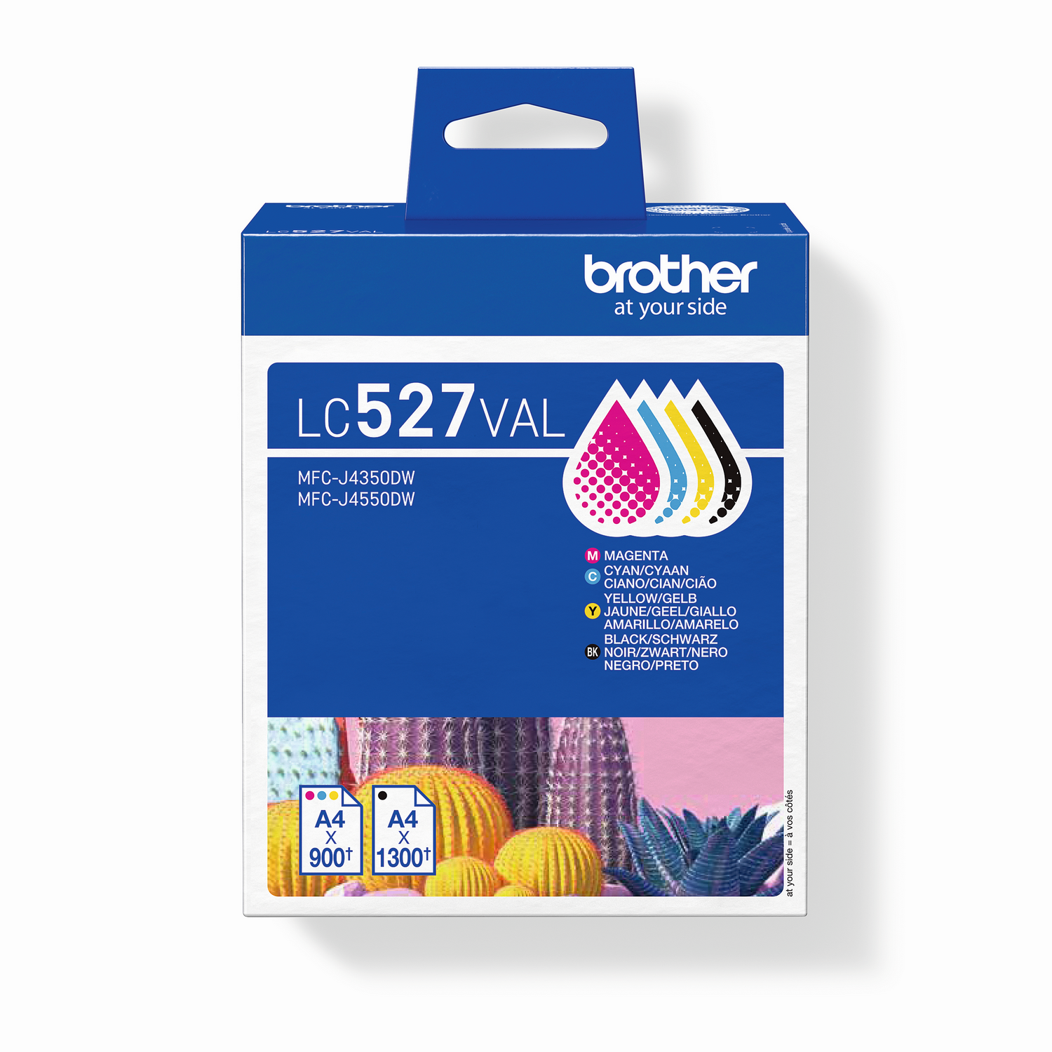 Caja de cartuchos de tinta Brother. Azul y blanca, con colores de tinta en la parte superior. Ilustraciones de cactus en la parte inferior.