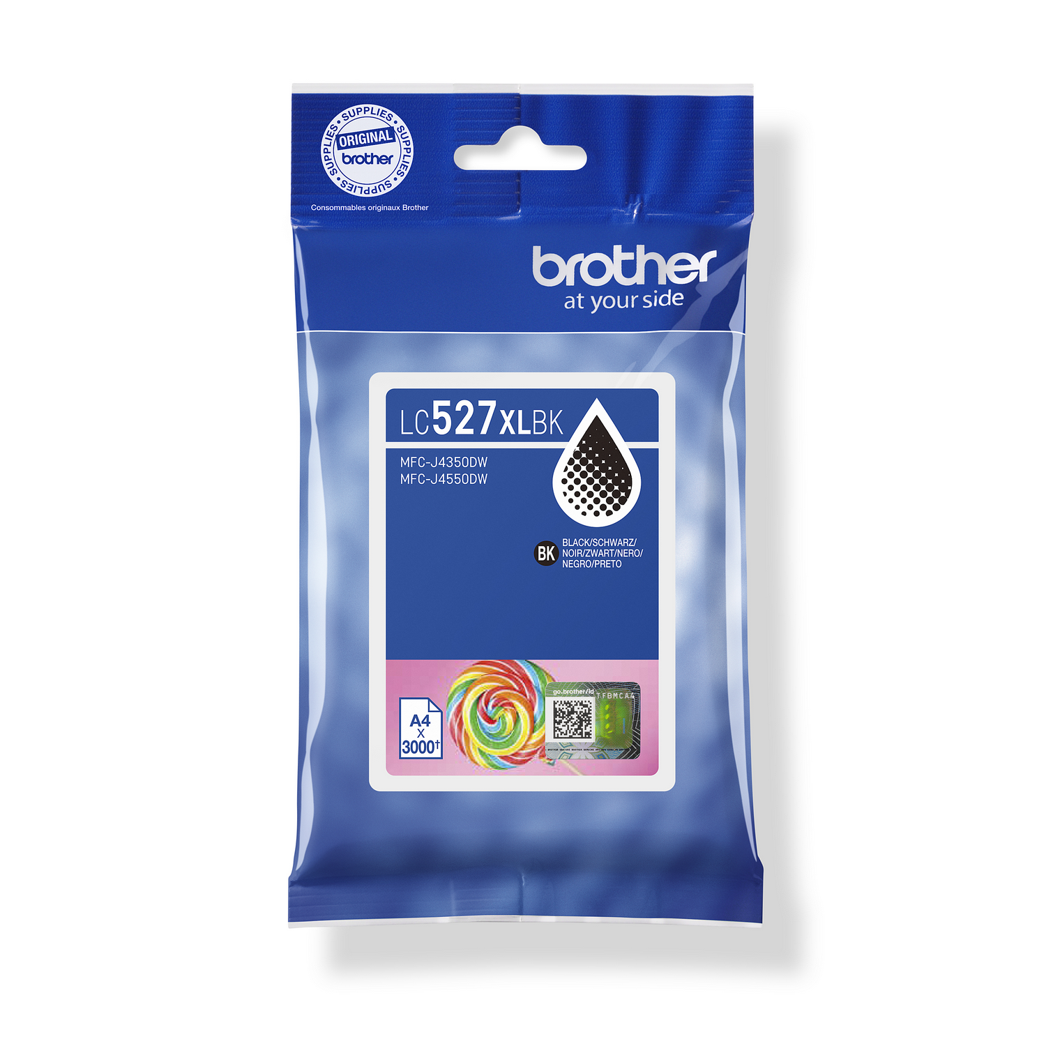 Paquete de cartucho de tinta Brother. Colores azul y blanco. Contiene tinta negra. Cuenta con un icono de piruleta y un símbolo de papel A4.
